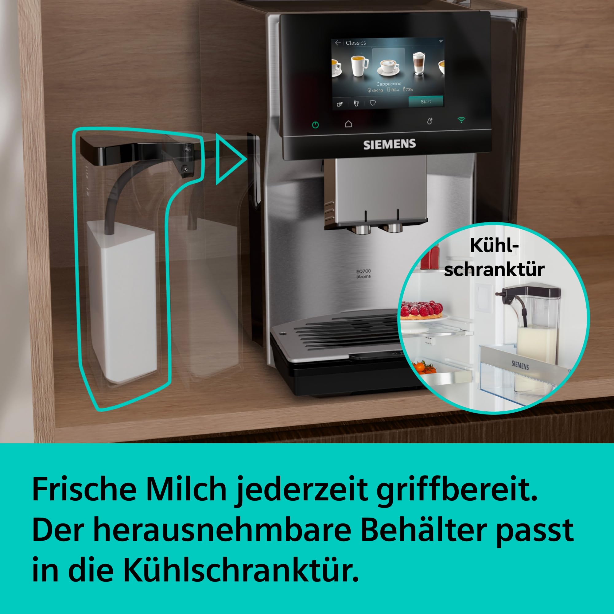 Siemens Kaffeevollautomat EQ700 iAroma, Full-Touch-Display, integrierter Milchbehälter, Tassenwärmer, Cold Brew und Slow Brew, Home Appliances App, Edelstahl schwarz, TQ727D03