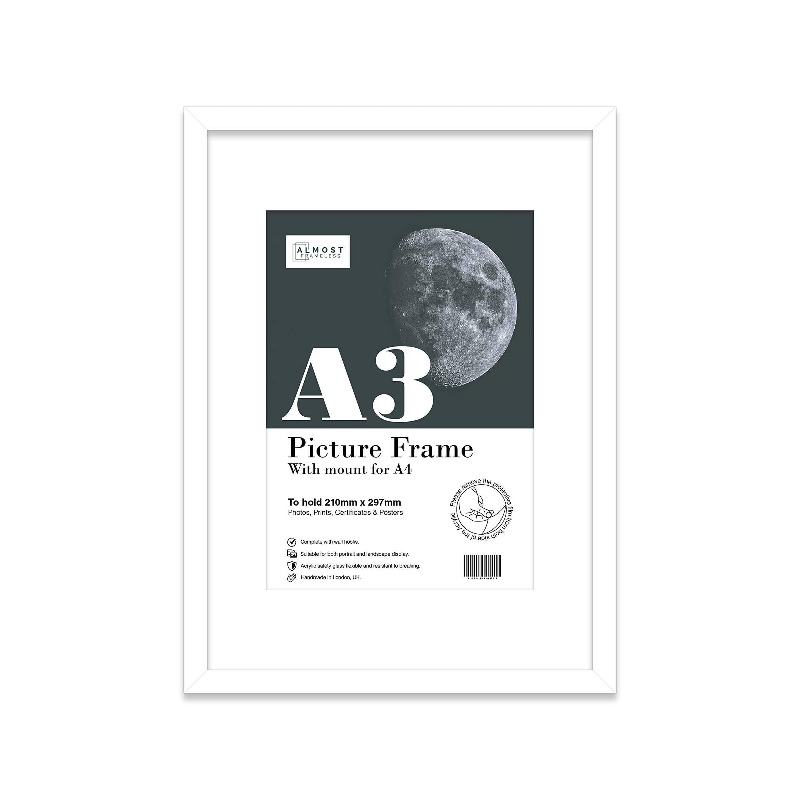 Almost Frameless White Picture Frame A3 With White Mount For A4 (21 X 29.7Cm -8.3 X 11.7In) Print, Photo, Or Poster. Portrait And Horizontal Wall Hooks