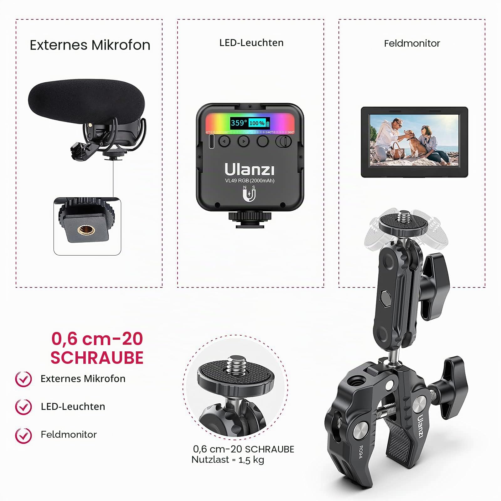 ULANZI R094 Super Clamp Crab mit 360° Doppelkugelkopf – Universelle Klemmhalterung für Kameras, LED-Videoleuchten & Stabilisierungssysteme (Ronin-M/MX, MOVI)