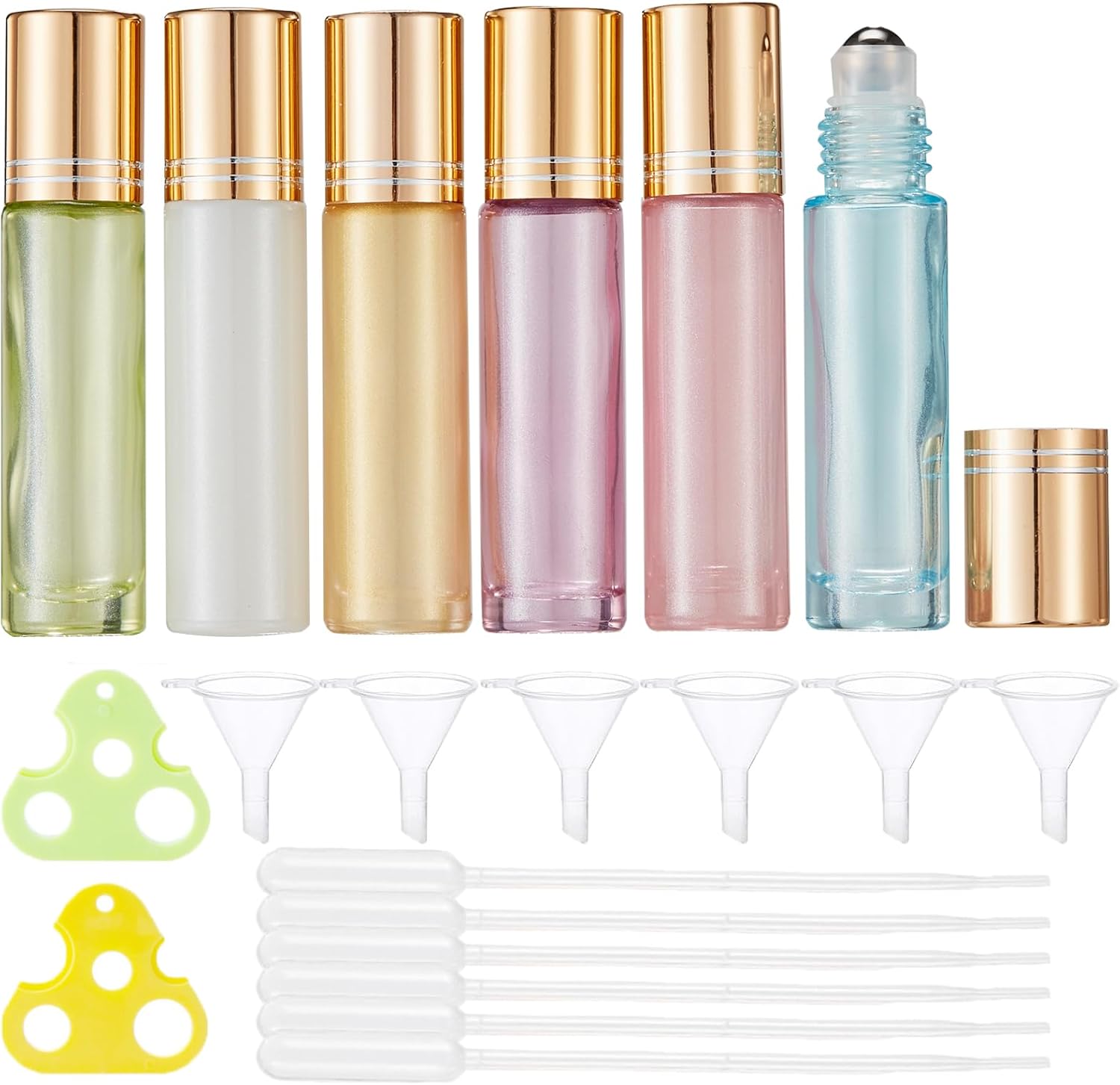 Qeuly 10ml Leakproof Roller Bottles - 6 Vibrant Colors Thick Glass Essential Oil Roll-Ons with Stainless Steel Balls & Filling Accessories