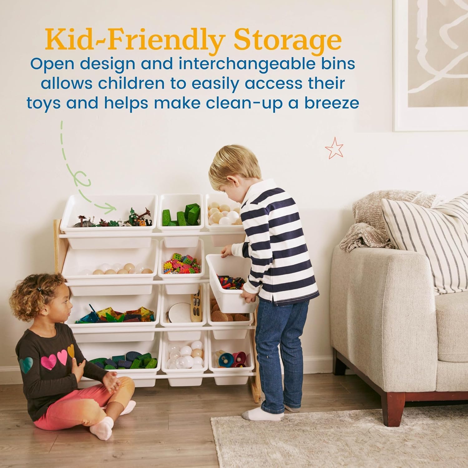 Snazzy Kids Toy Storage Organizer with 12 Plastic Bins, Natural Wood/Aqua β Removable Bins for Playroom, Bedroom, Toddler Furniture for Boys and Girls 2