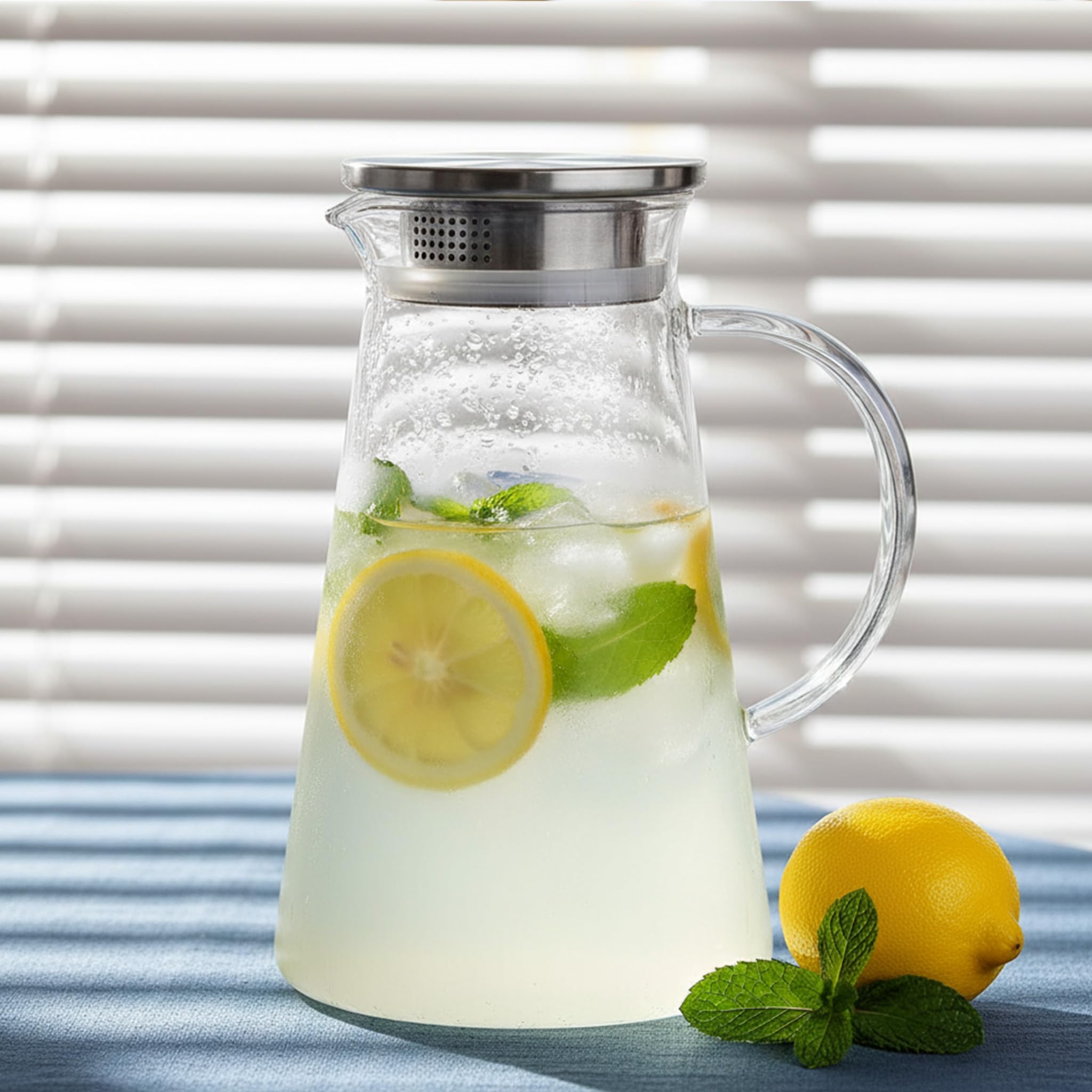 AGARO Elite Borosilicate Water Jug 1.8 Litre, Stainless Steel Air Tight Lid,Iced Tea Pitcher, Water Jug, Hot Cold Water, Milk and Juice Beverage Carafes