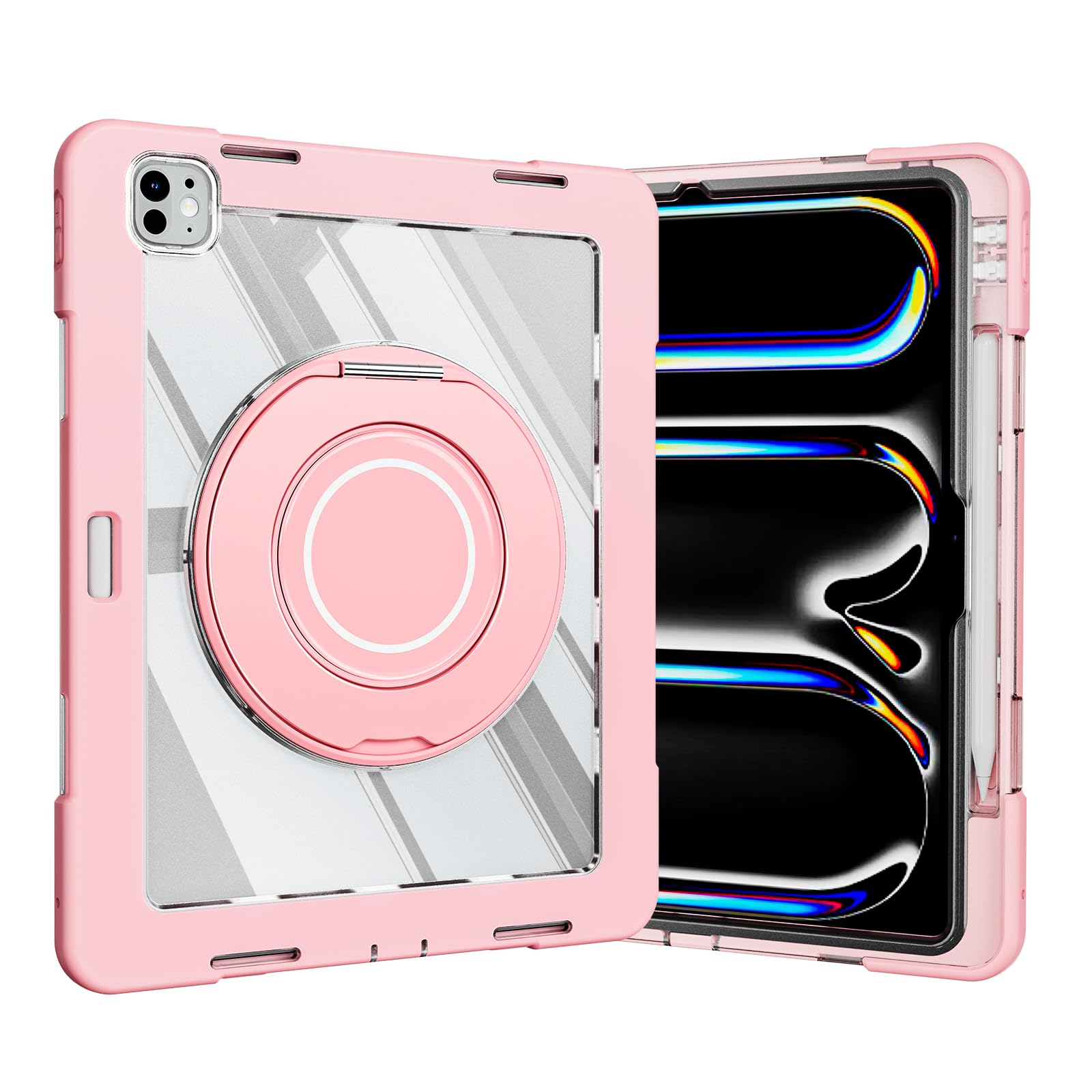 Custodia in silicone resistente per tablet iPad Pro 11" 2024, custodia antiurto Crystal Armor Series con portamatite, supporto girevole in titanio con anello grande da appendere