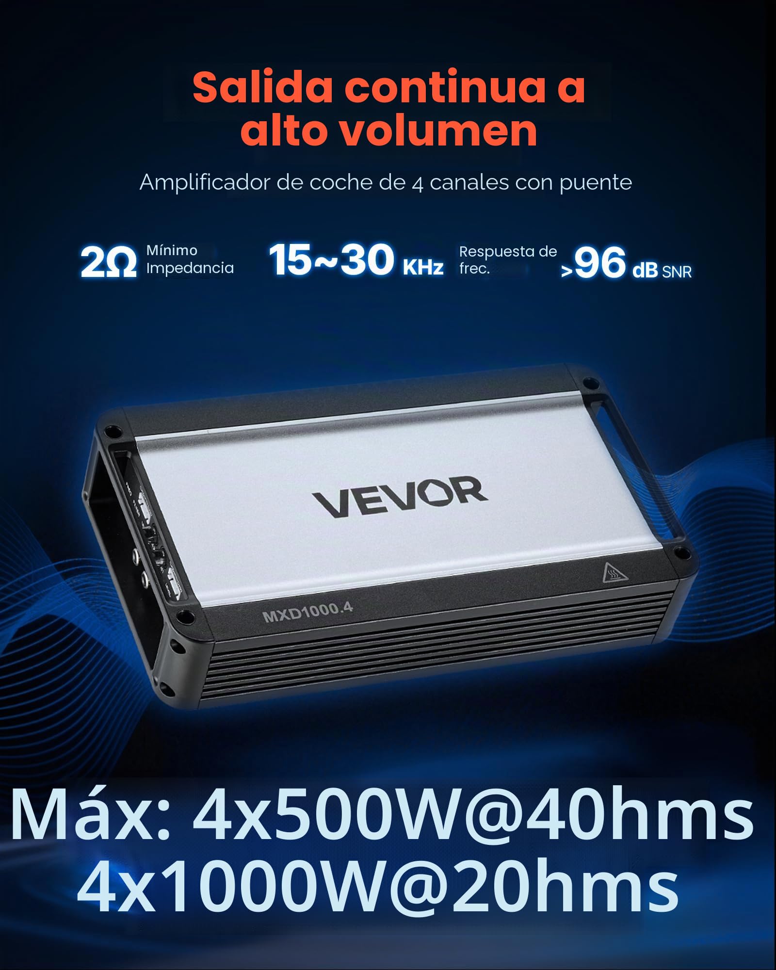 VEVOR Amplificador para Automóvil 4 Canales Clase D Máximo 4 x 500W a 4 ohmios y 4 x 1000W a 2 ohmios, Amplificador Estéreo de Audio para Coche Puenteable para Vehículo Todoterreno Camioneta Sedán SUV