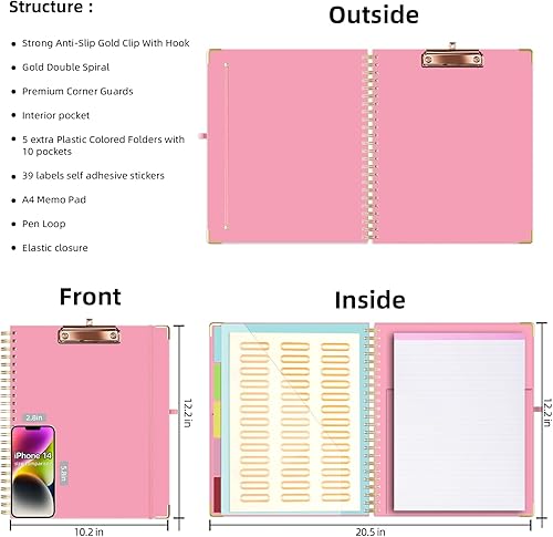 Miniatura 2 de Ospelelf Portapapeles con almacenamiento de 8.5 x 11, organizador de padfolio, cartera en espiral, tamaño carta con bloc de notas, soporte para