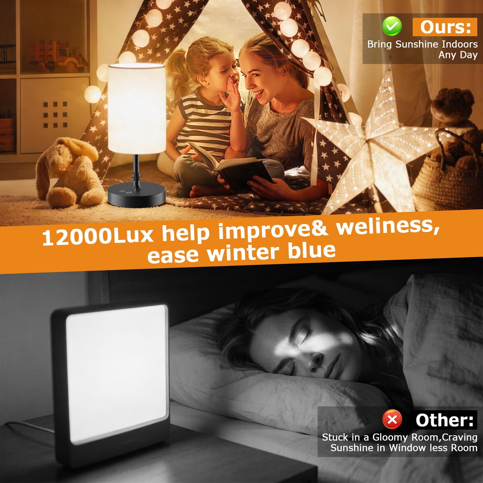 Lámpara de terapia de luz SAD 12000 Lux CRI95 espectro completo control remoto atenuación continua temporizador memoria 360° sin UV negro