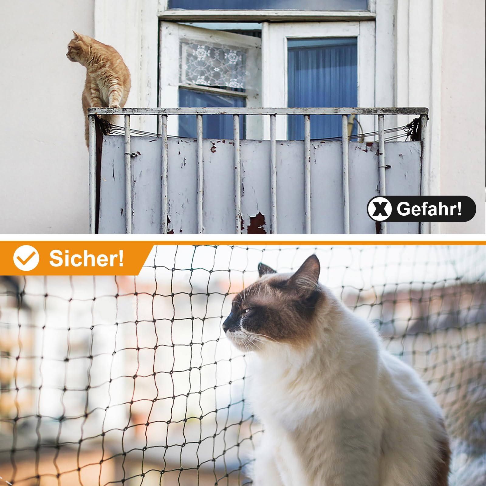 Aystkniet katzennetz für Balkon, 8 x 2 M Katzennetz Drahtverstärkt mit Befestigungsseil | Nägel | Kabelbinder, Biss-und reißfestes Balkonnetz, UV-beständig katzenschutznetz für Fenster Terrasse Tür