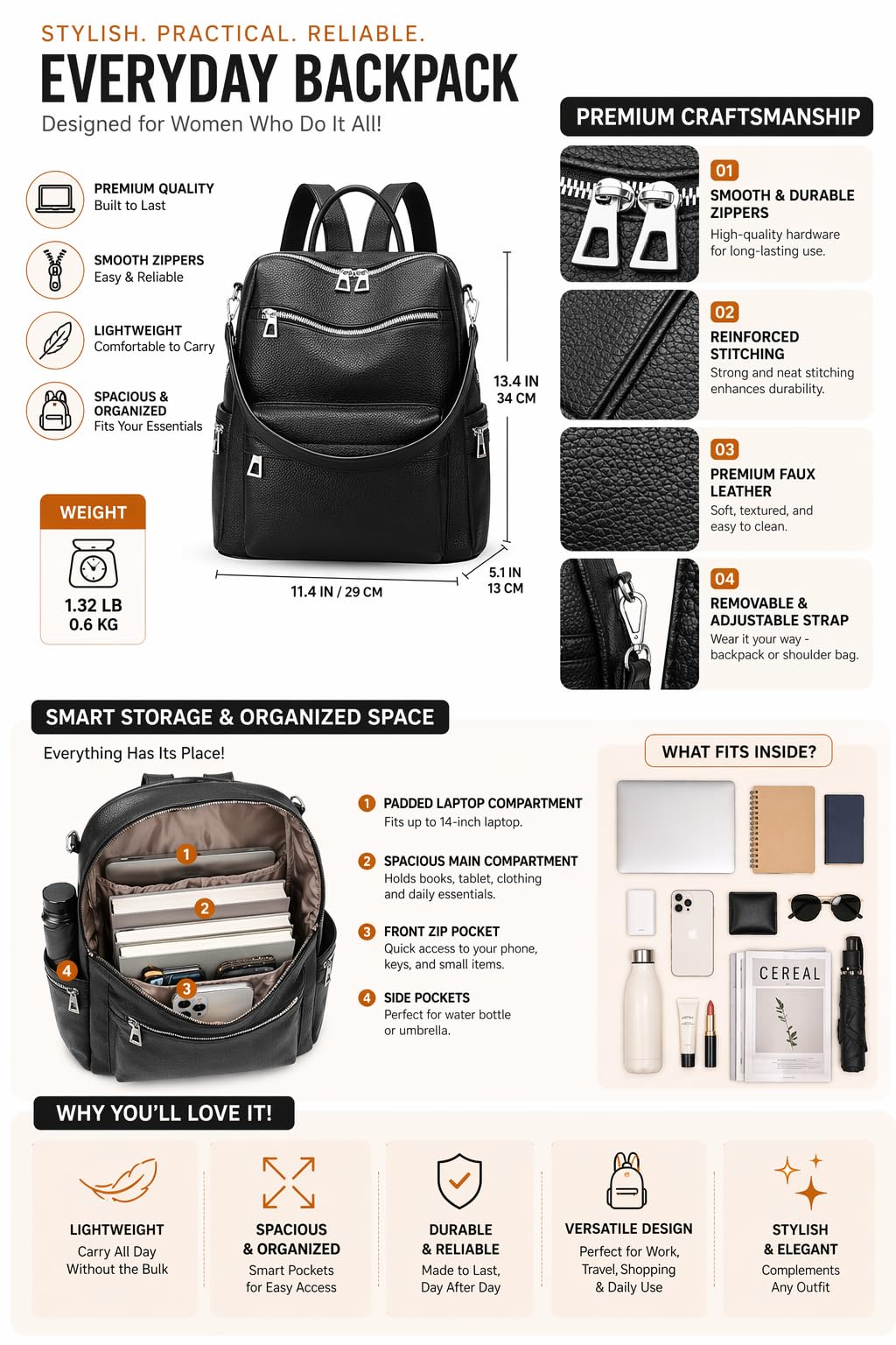 Craftwood Leather Backpack for Women | Large Capacity | College and Office use | PU Leather | shoulder bag for Ladies, Black 3