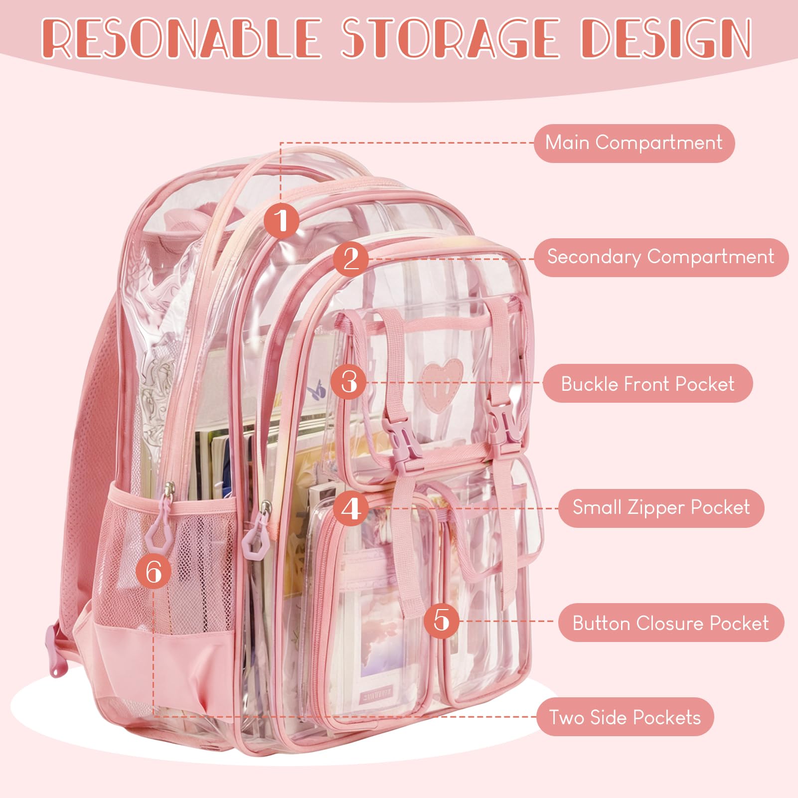 Zaino scolastico trasparente impermeabile – Zaino trasparente trasparente per stadi per ragazzi e ragazze, scuola, viaggi, rosa, Zaino daypack