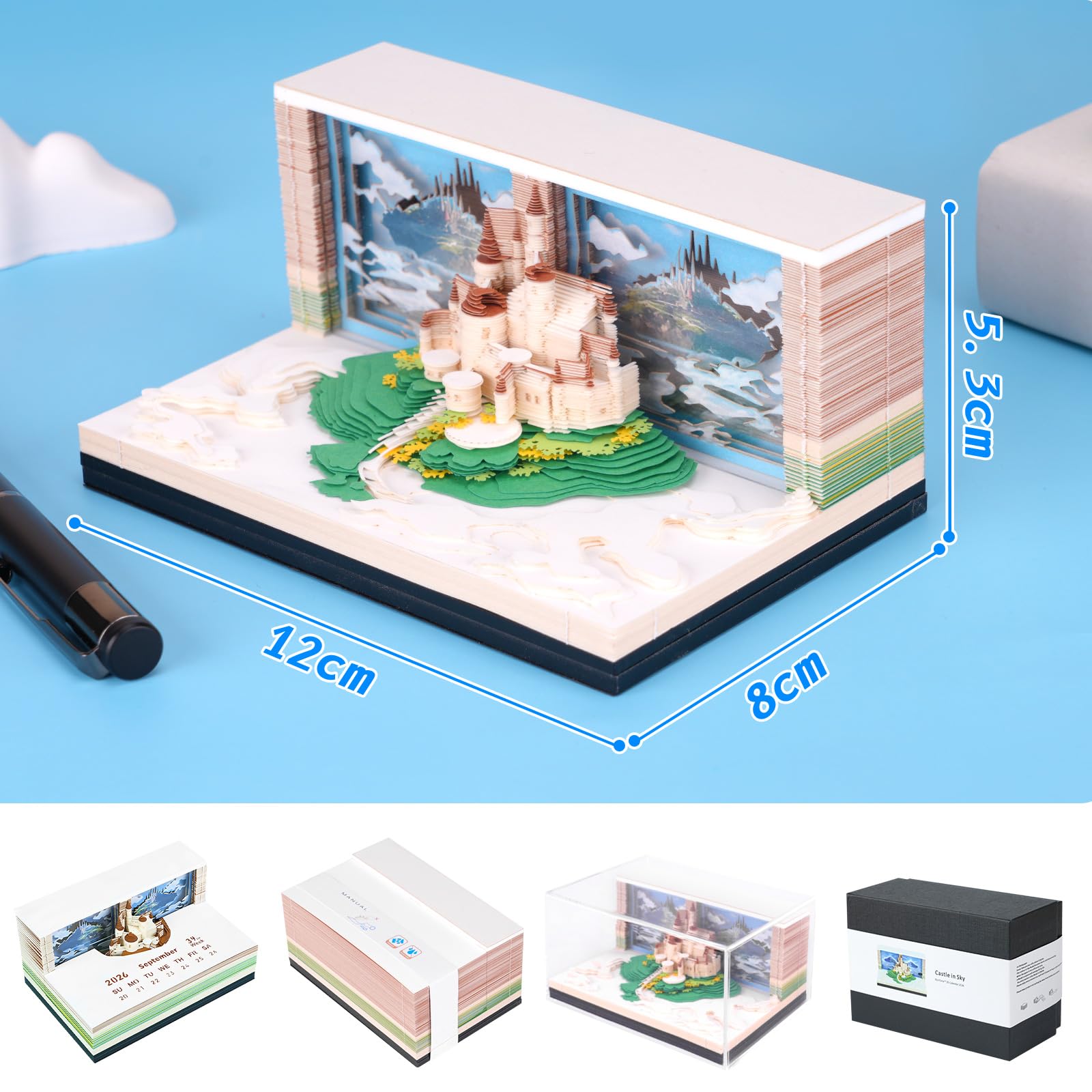 Calendario settimanale 3D 2026 – Città nel cielo | Calendario fai da te con modello di carta castello come decorazione da scrivania, incantevole decorazione invernale