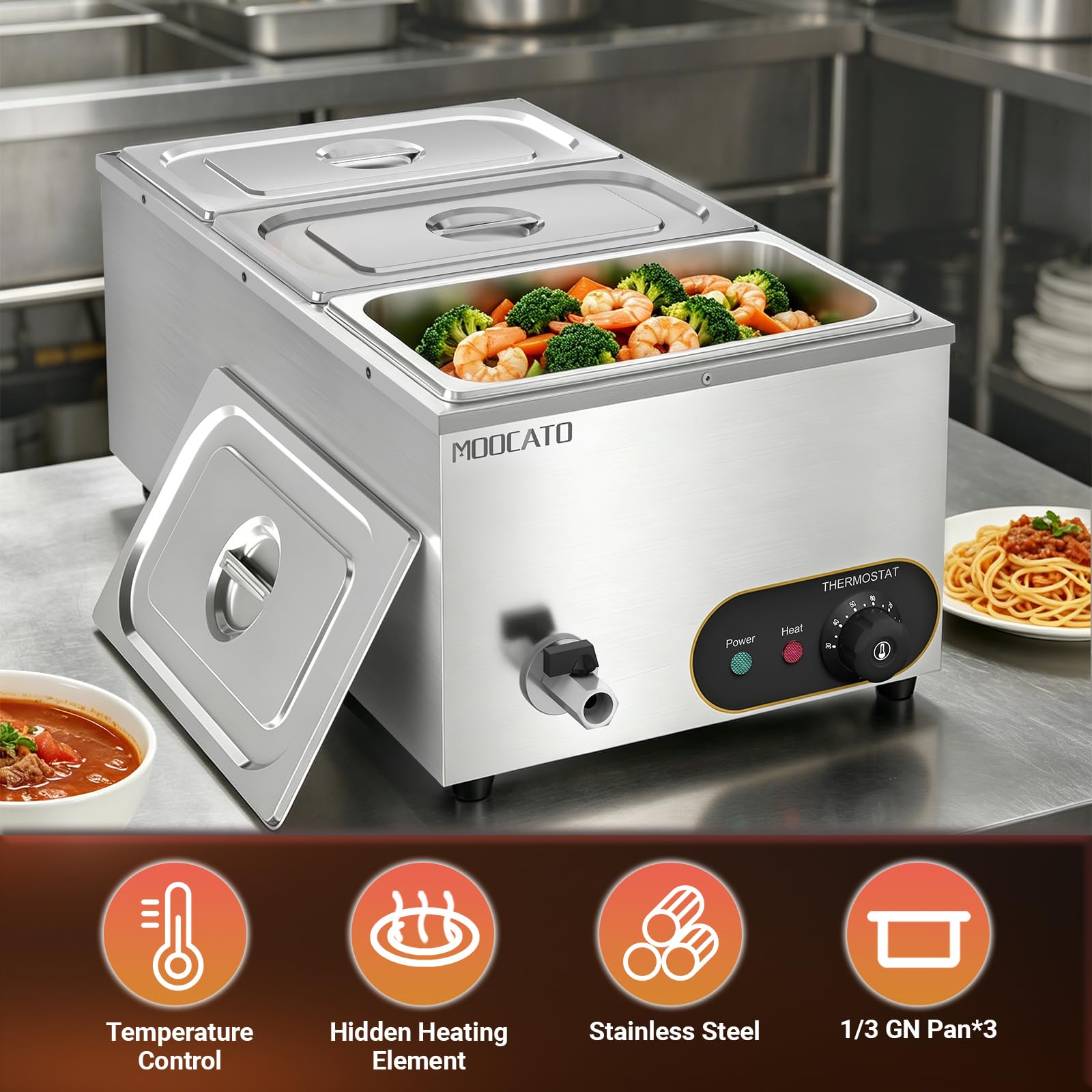 Profesional Baño María Eléctrico 3 X GN 1/3, Calentador de Alimentos eléctrico, con Grifo y Tapa, Acero Inoxidable con 3 ollas de 1/3