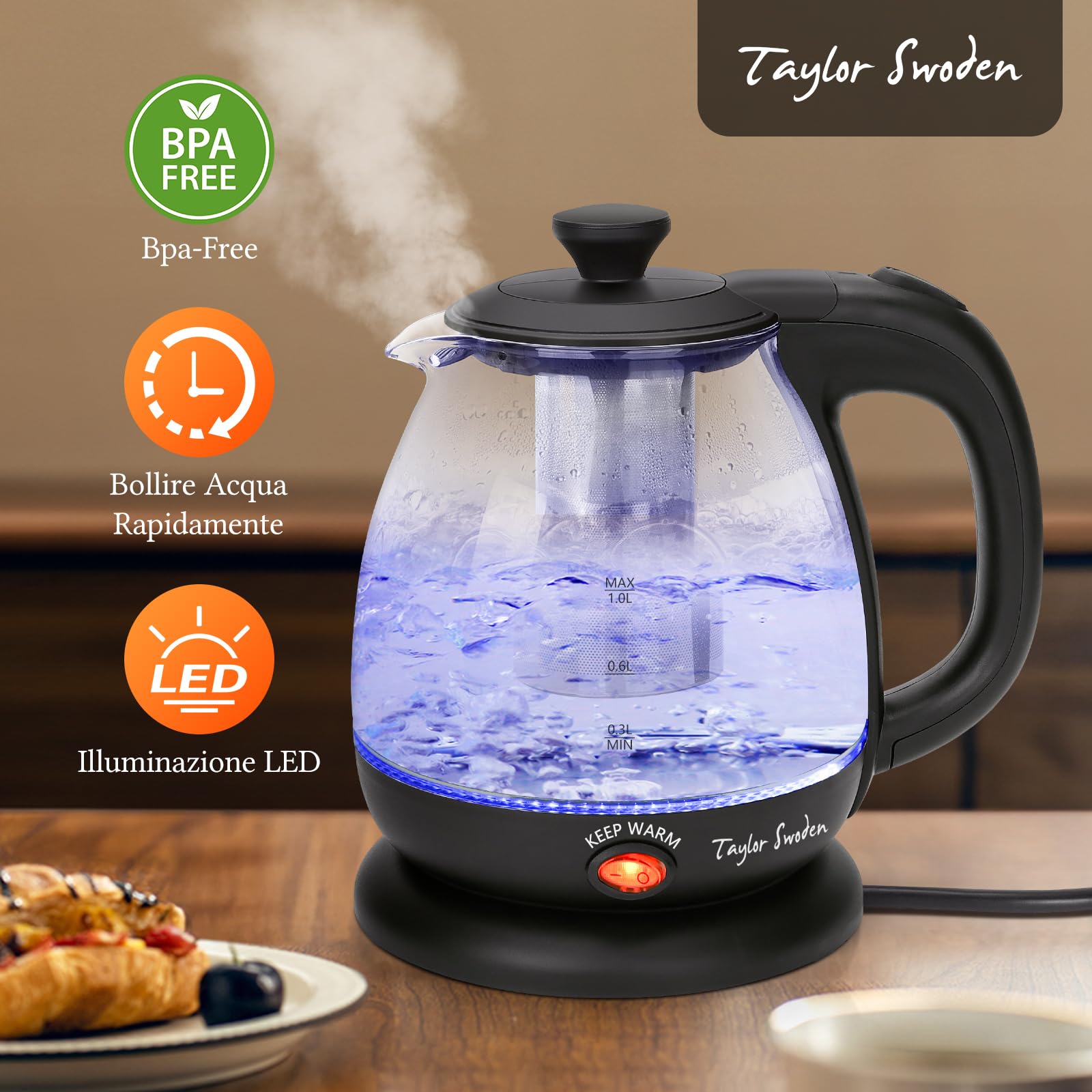 Taylor Swoden Abel - Bollitore Elettrico da 1 Litro, Bollitore in Vetro Borosilicato 2200W, Luce Led, funzione di Mantenimento Caldo, Con Infusore e Filtro Rimovibile, Teiera BPA-Free