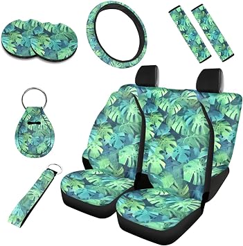 Hawaiian Monstera Full Set 10 Pcs Car Seat Covers, Tropical Monstera Automotive Rear Front Seat Protector, Island Style Steering Wheel Cover Universal Fit for Car SUV