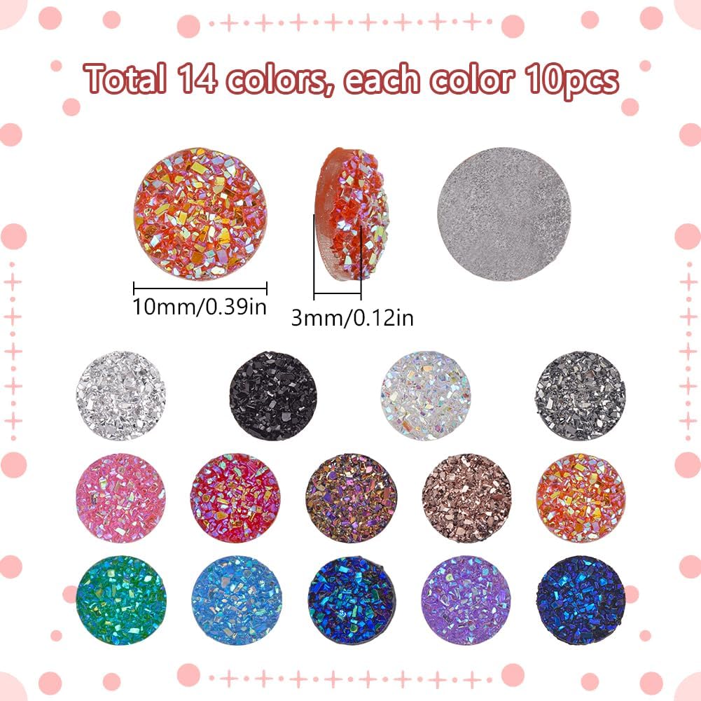 SUNNYCLUE 1 Box 140Pcs 14 Colors Druzy Cabochon 10mm Round Resin Colorful Flatback Dome Gems Faux Druzy Flat Back Glitter Cabochons for Jewelry Making Earrings Pendant Supplies DIY Crafts - Image 2
