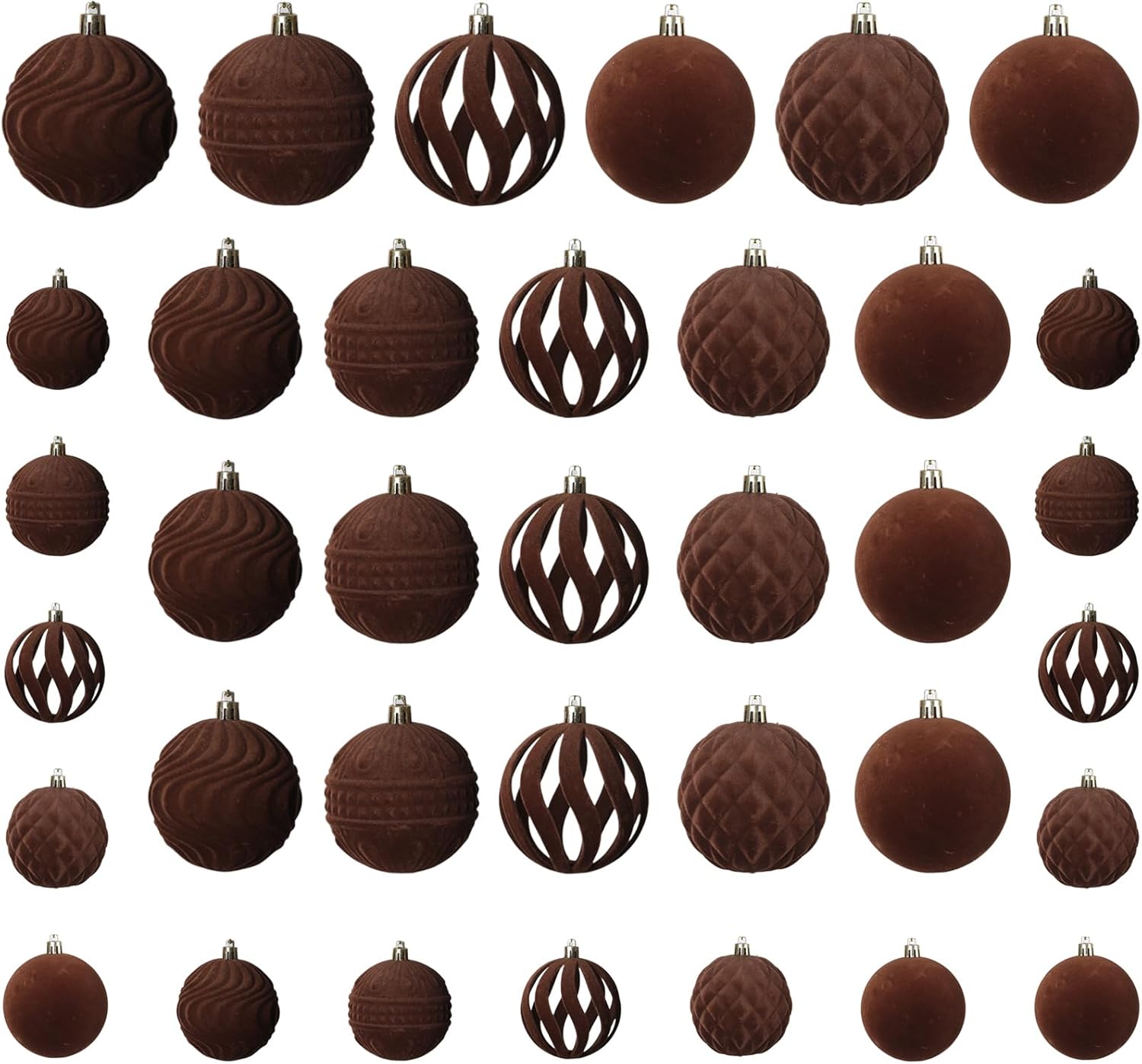 36pcs Velvet Ornaments for Christmas Trees, Flocked Christmas Balls Sets Assortment for Xmas Tree Holiday Decor Brown 36pcs