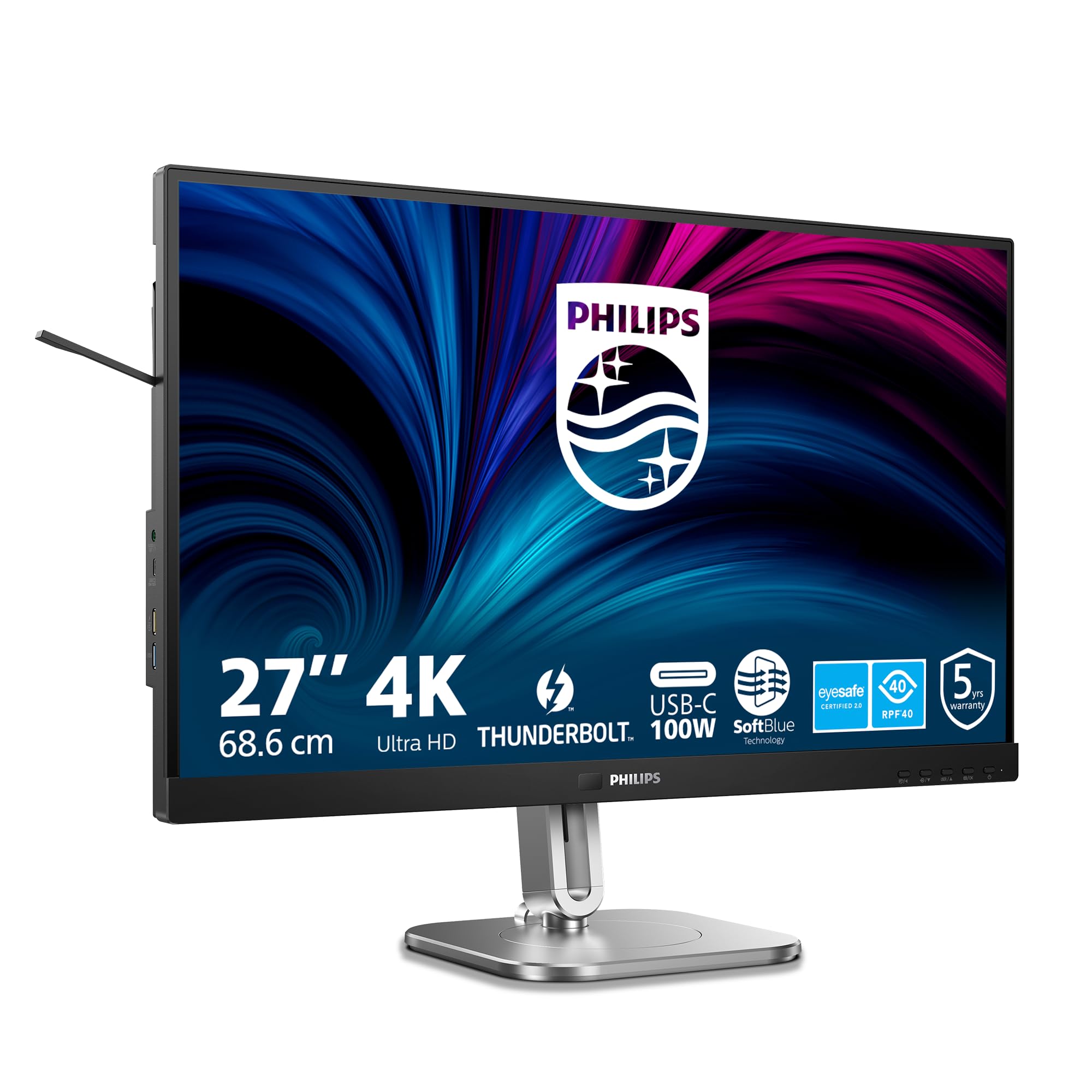 PHILIPS 27B2U6903-27 Zoll Ultra HD Monitor, höhenverstellbar, Lautsprecher (3840x2160, 60 Hz, 2X HDMI, DisplayPort, Thunderbolt 4, RJ45, USB Hub) schwarz grau