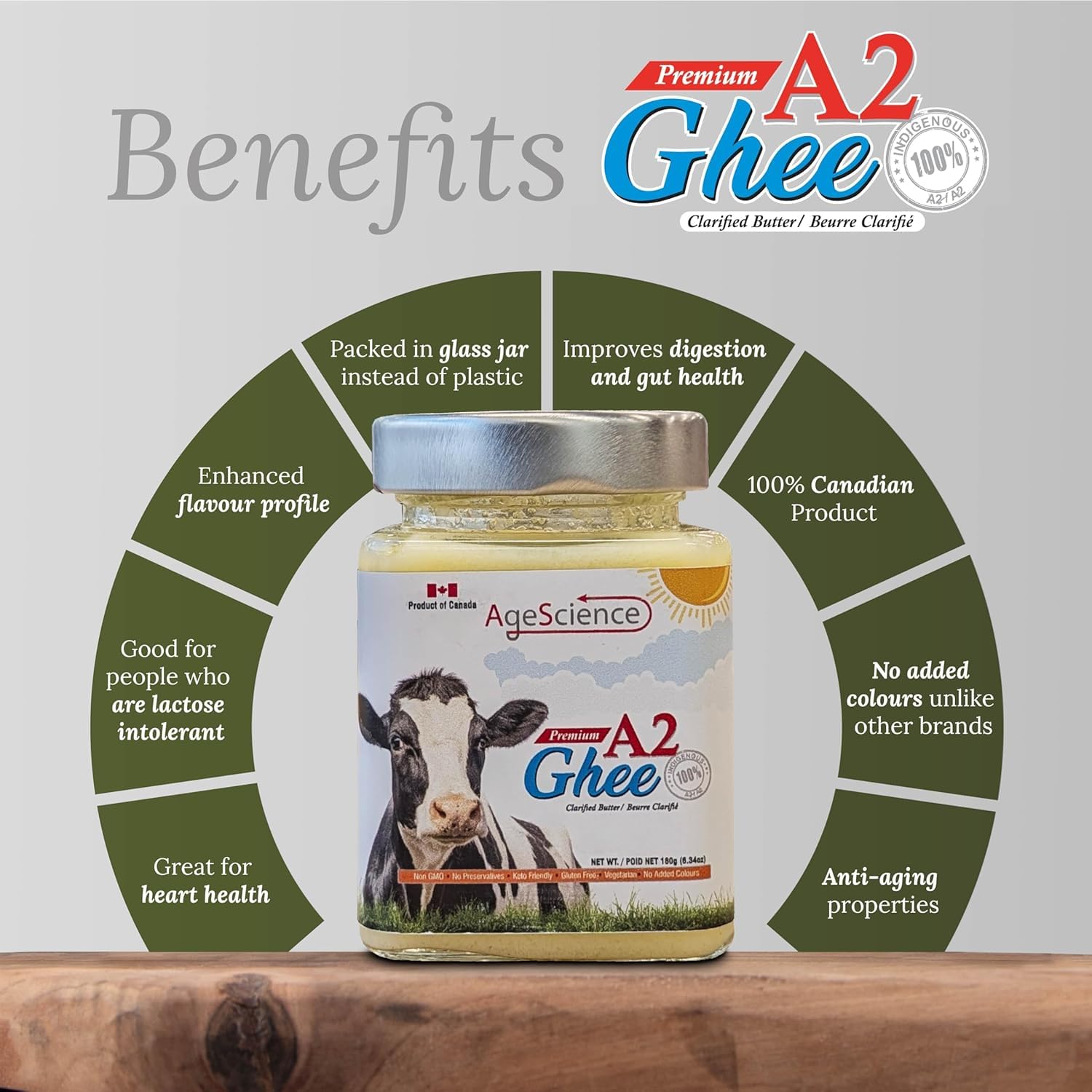 AgeScience Ghee Canadien A2 – Beurre clarifié frais de laiterie, sans lactose, en pot en verre – 650 g