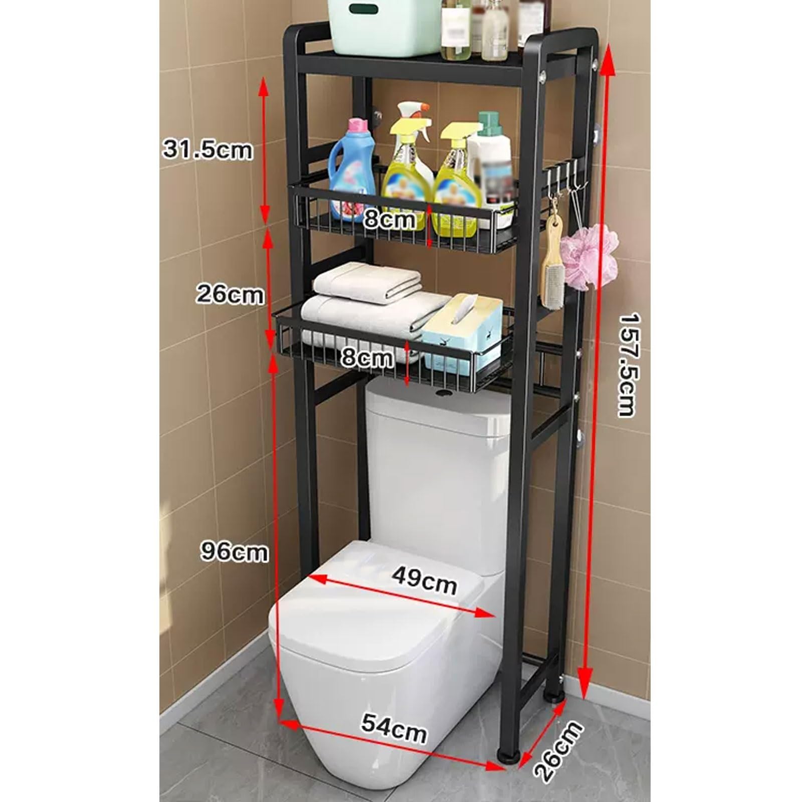 Teleskopregal Bad Über wc, Kohlenstoffstahlmaterial, mit Ausziehbarem Netzkorb, Verstellbaren Rutschfesten Füßen, Freistehender Ablage Über Der Toilette ( Color : Black , Size : 3 LAYER_C )