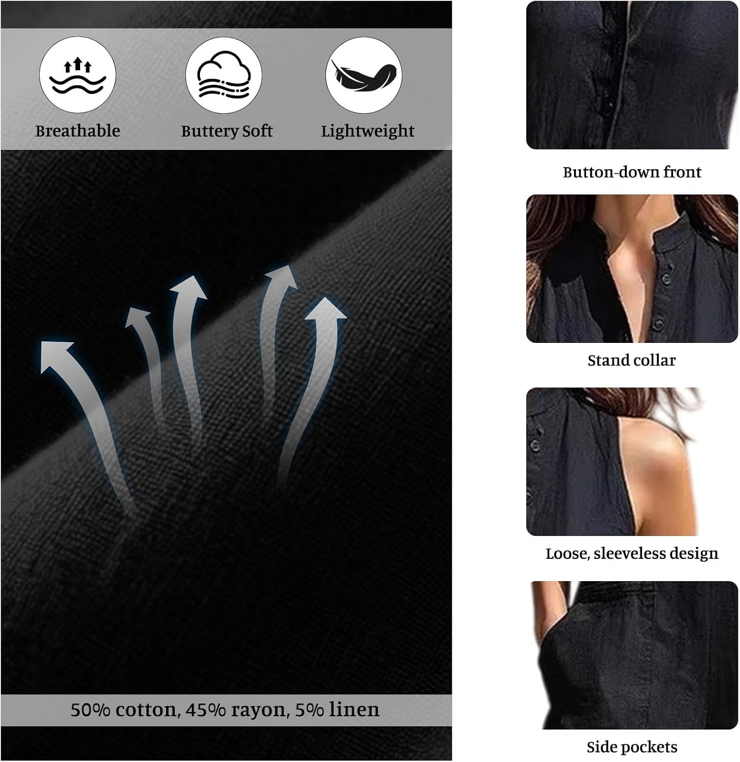 Womens Linen Jumpsuits Stand Collar Sleeveless Button Down Casual Jumpsuit Wide Legs Rompers Overalls Vacation Outfits