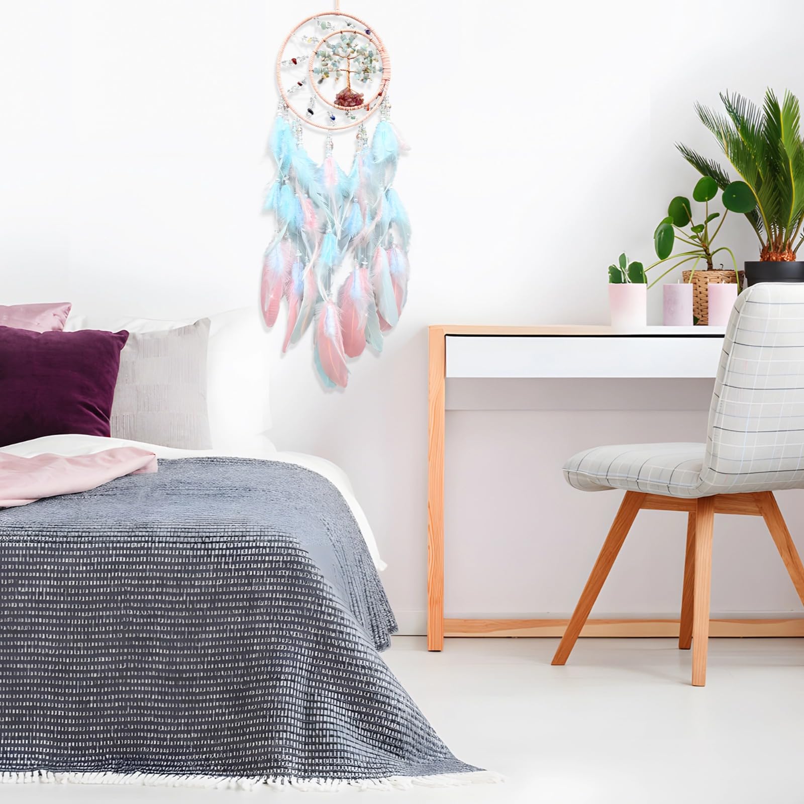 Acchiappasogni con piume, decorazione da parete per camera da letto, decorazione da parete in stile bohémien, design con pietre di cristallo fatta a mano, elegante cornice in ferro, 72 cm