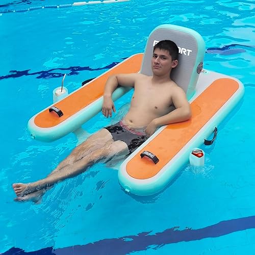 FBSPORT Inflatable Pool Float Lounger for Adults, Water Floating Chair Pool Float Raft with Cup Holder and Backrest for Swimming Pool, Lake, Party