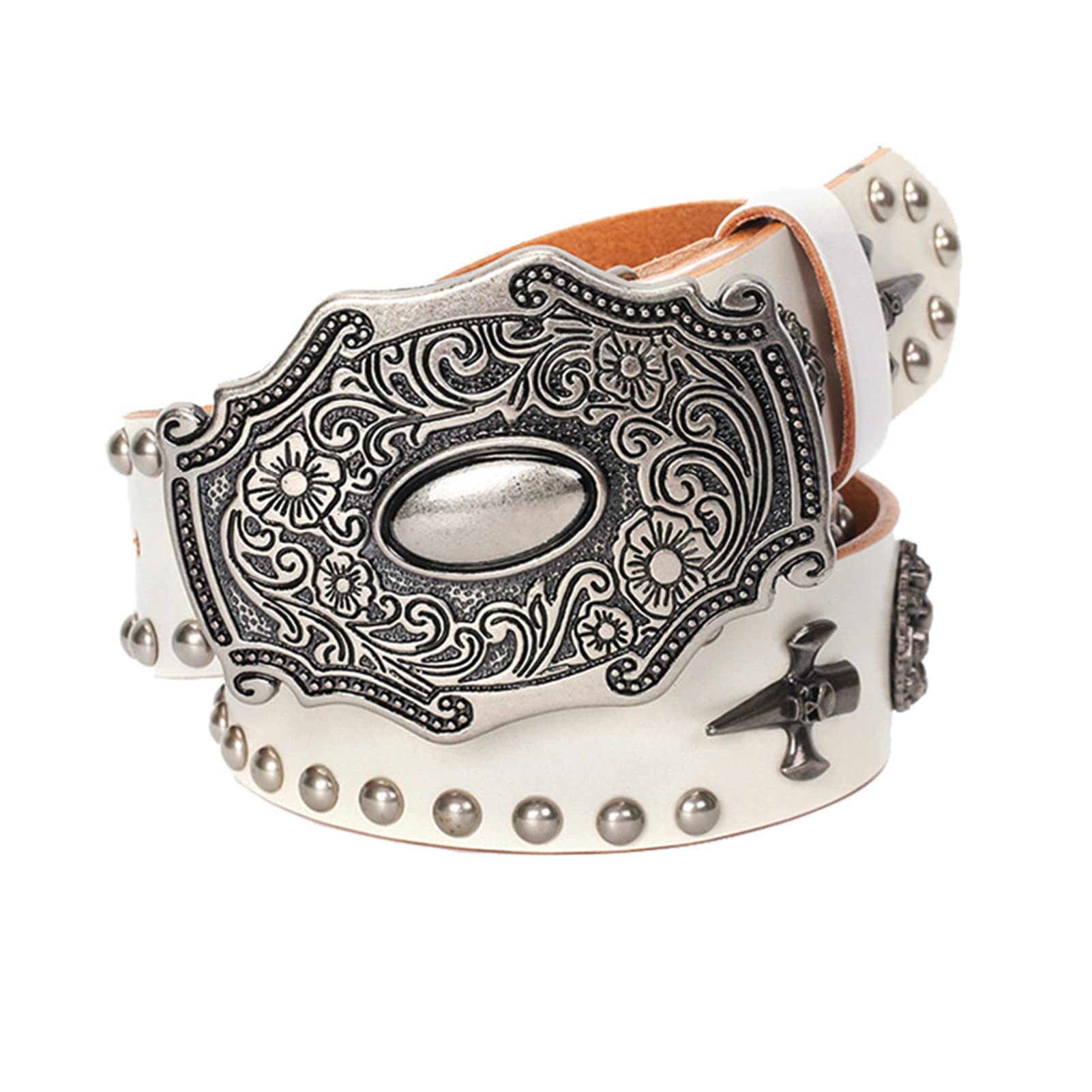 Cinturón de cuero rock style RBUDSPOLF de 38mm de ancho en color blanco y remaches duraderos 1