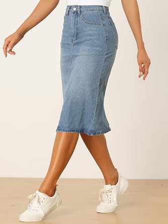 Allegra K Denim Pencil Skirts for Women High Waist Midi Casual Jean Skirt | Stretchy Denim Fabric, Split Back, Pockets, Below Knee Length, Classic, Casual, Work, Daily Wear