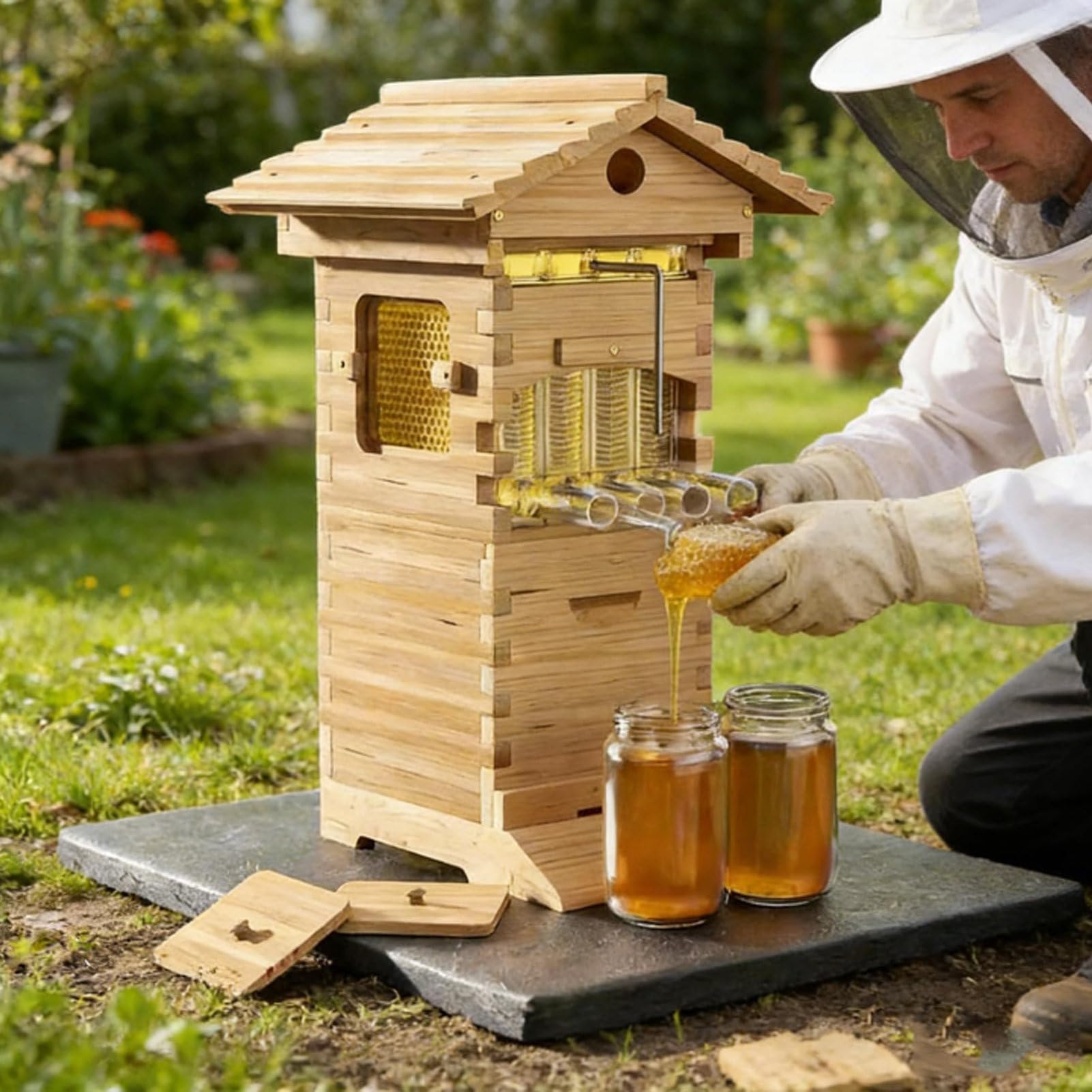 Ruche Bois Compatible Système Flow, Kit Complet Format Langstroth avec 4 ou 7 Cadres à Écoulement, Chambre à Couvain et Fenêtre 7-frameFlowsuper