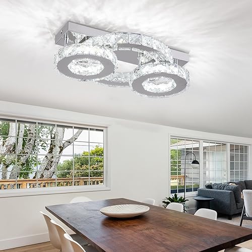 Miniatura 2 de Lámpara LED de techo de cristal de 3 anillos, lámpara de techo moderna de montaje empotrado para dormitorio, comedor, sala de estar (blanco frío)