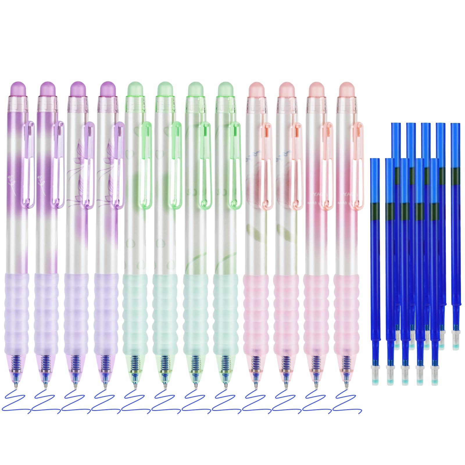 BAYTORY Erasable Pens, Retractable Fine Point 0.5mm Gel Pens with Eraser Clear, 12Pcs Blue Ink Pens & 10Pcs Refills