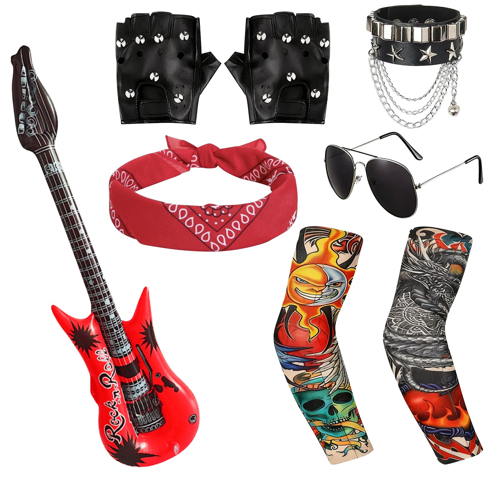 HotoPink 8 Pcs Rock Gothic Costume Set, Heavy Rock Star Accessories with Retro Sunglasses Gloves Bandana Bracelet Inflatable Guitar for Women Men Adult Disco Party Cosplay Festivals (red&black)