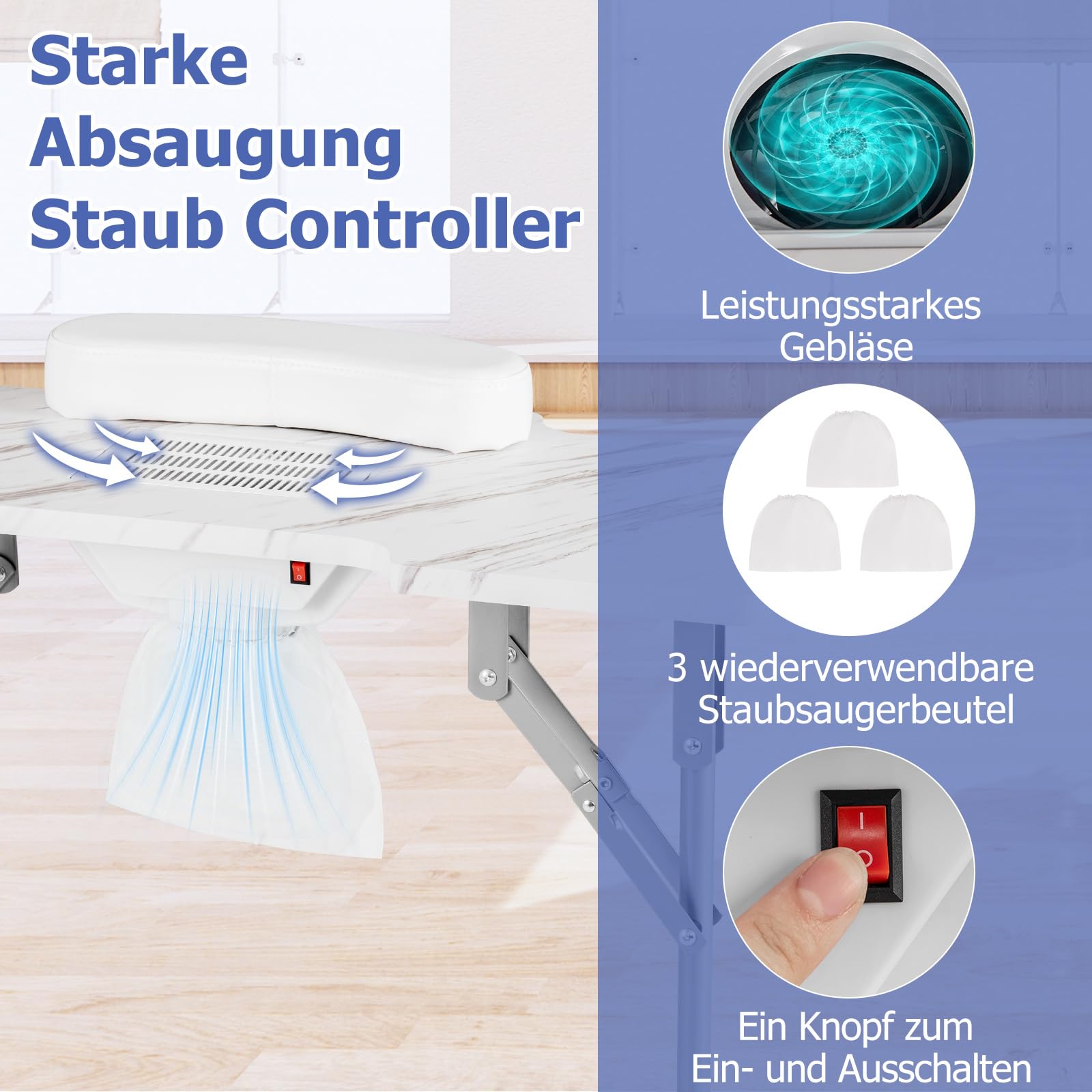 COSTWAY Maniküretisch klappbar, Nageltisch mit elektrischem Staubsammler, LED-Lampe, Handgelenkauflage & Rollen, Maniküre Tisch Marmor Optik, inkl. Tragetasche (Weiß)