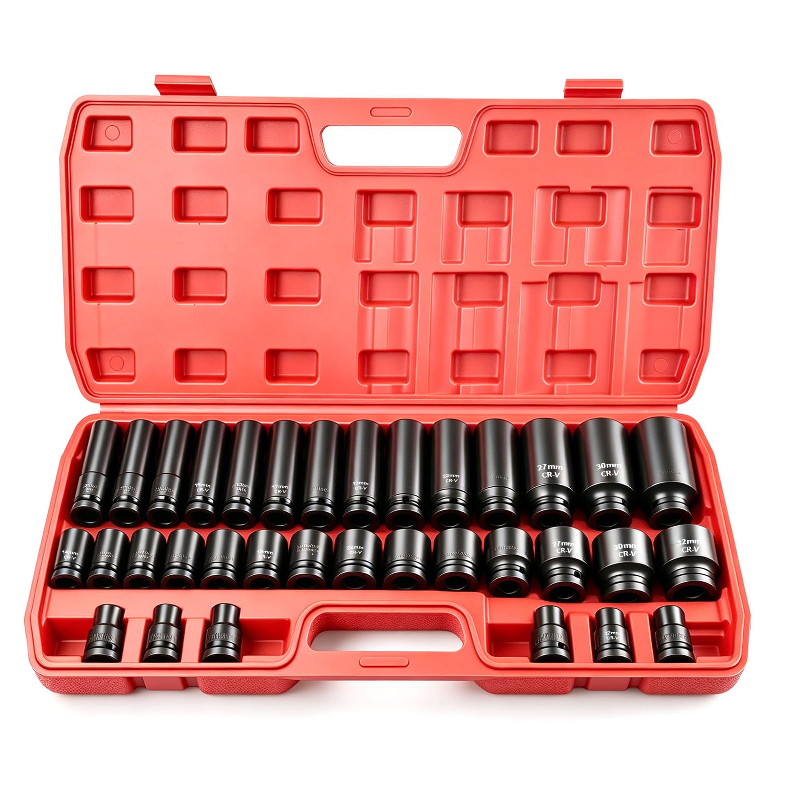 Set Chiavi a Bussola 1/2 35 Pezzi, 8-32mm Bussole a Impatto Lunghe, Set Bussole 1/2 Esagonali CR-MO, 6 Punti per Meccanica Auto con Custodia, Chiave Bussola per Avvitatore