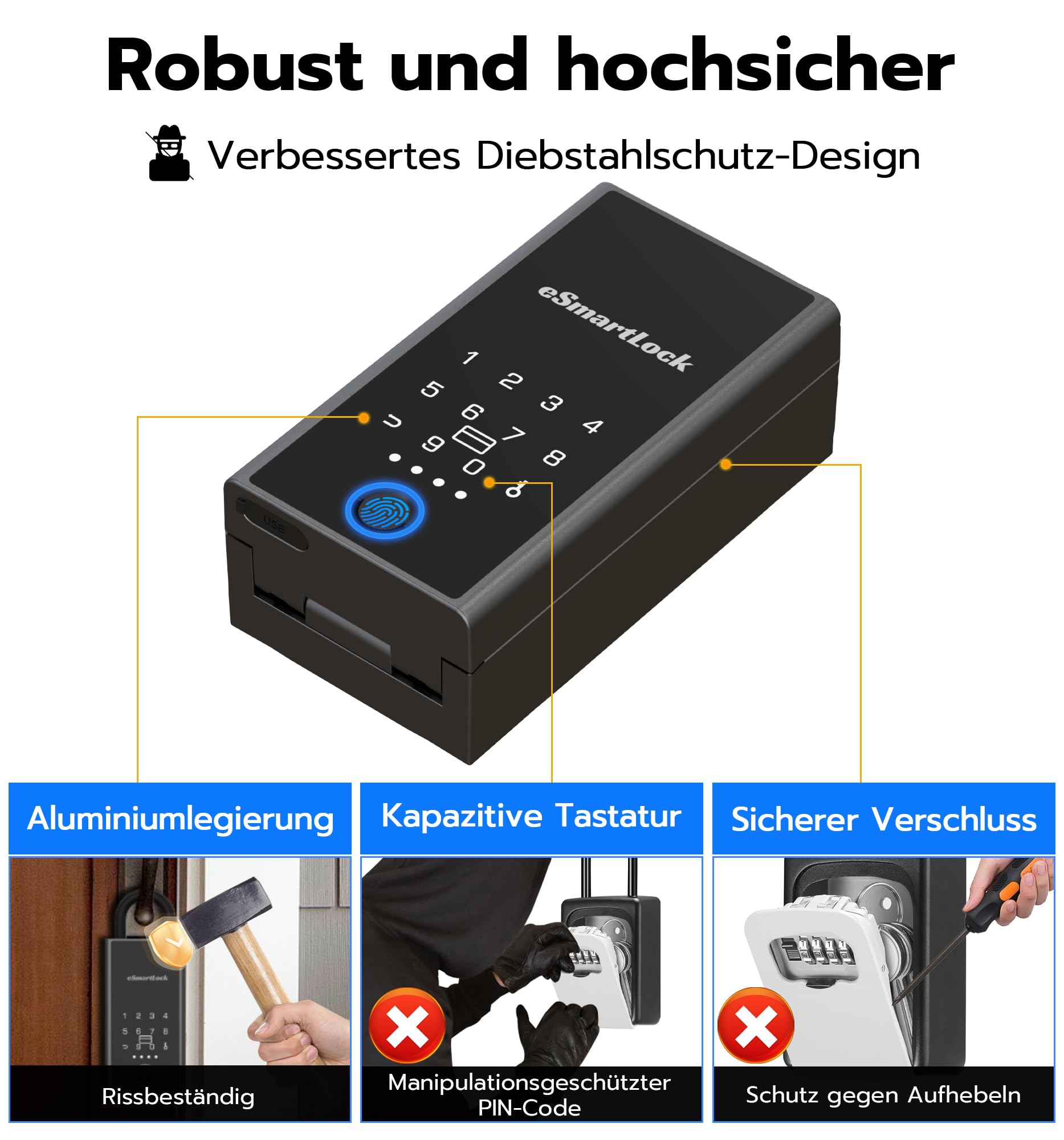 Schlüsselbox mit Fingerabdruck, RFID & Bluetooth – Wetterfester Smart-Key-Safe für Immobilienmakler & Vermieter, Schlüsselversteck außen, Türhänger oder Wandmontage