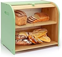 Vista 10 de Panera para Encimera de Cocina, Contenedor de Almacenamiento de Pan de Bambú de Doble Capa para Pan Casero, Panera con Tapa Enrollable con 3 Alturas