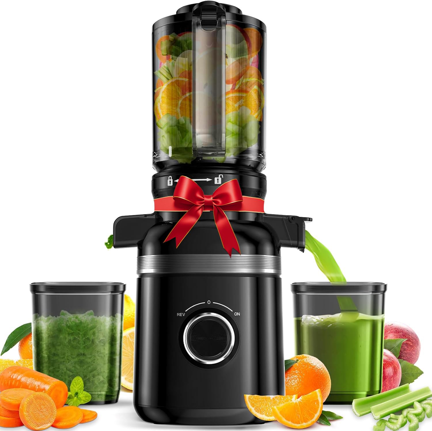 GlowWise juicer with a large pineapple being fed into its 4.35-inch wide feed chute