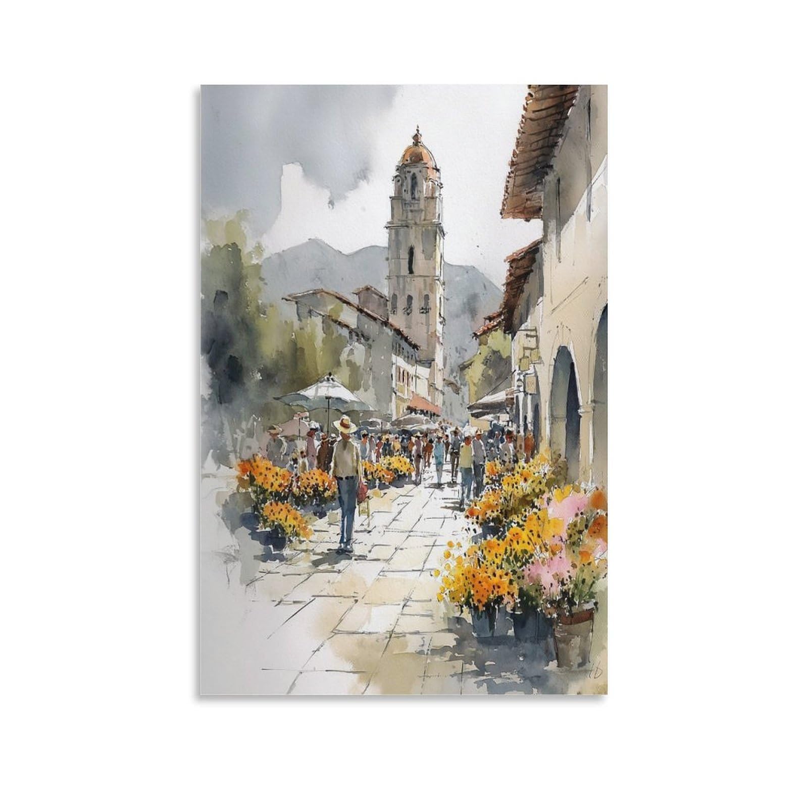 Cnaheiz Unframe-Style Puerto Rico Flower Market Watercolor Painting Botanical Wall Art Poster 20X30inch(50X75cm) Vintage Watercolor Canvas Art