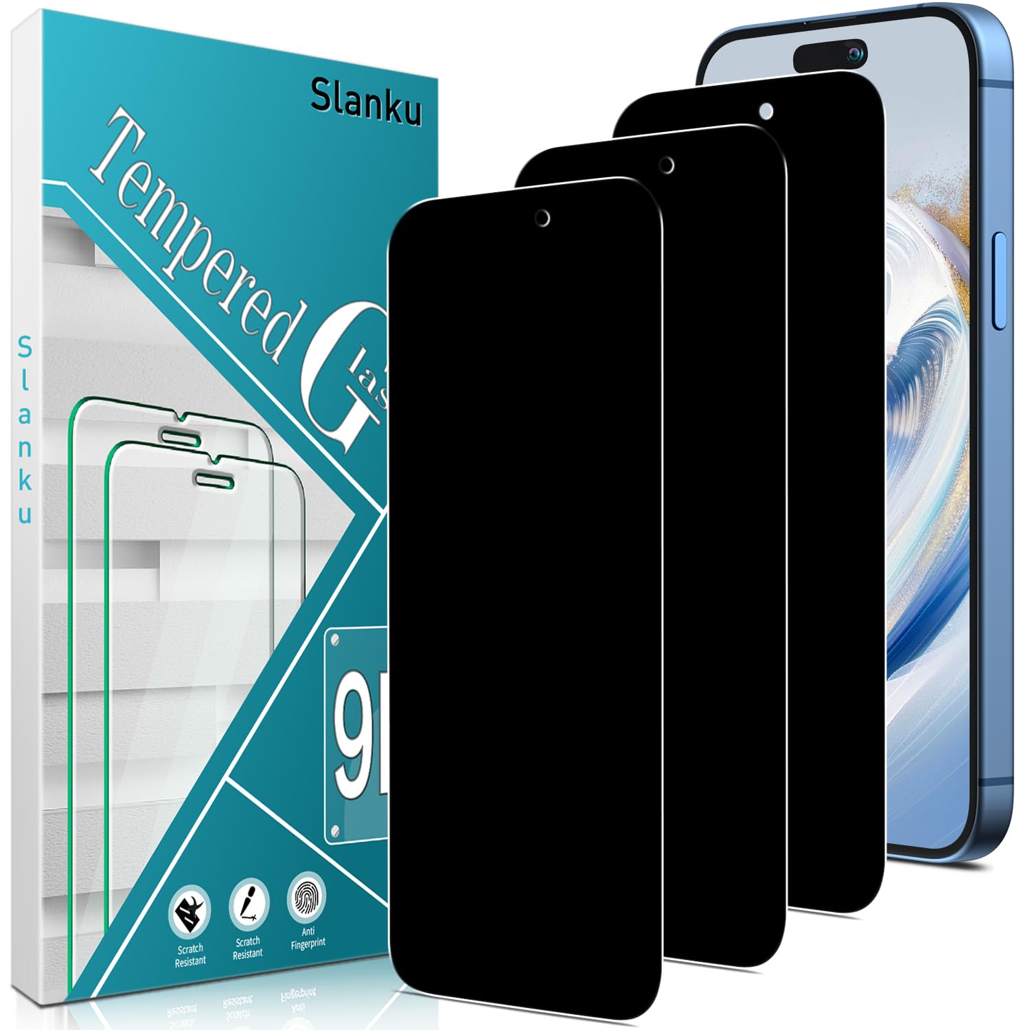Slanku 3 Piezas Privacidad Protector de Pantalla para iPhone 16 Pro Max, Antiespía, Sin Arañazos, Dureza 9H, Sin Burbujas | Protector de pantalla de cristal antiespía, dureza 9H, HD, antiarañazos