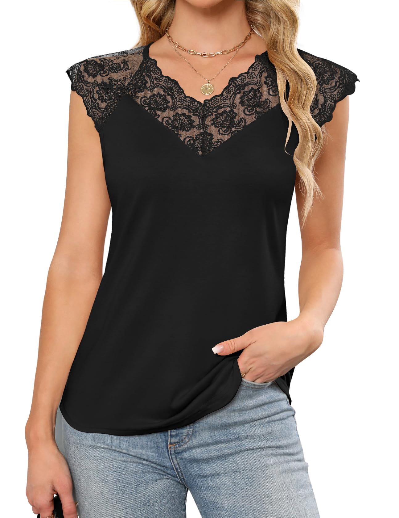 Womens Lace Tank Tops V Neck Dressy Casual Sleeveless 2025 Summer Blouses Cami Shirts Black