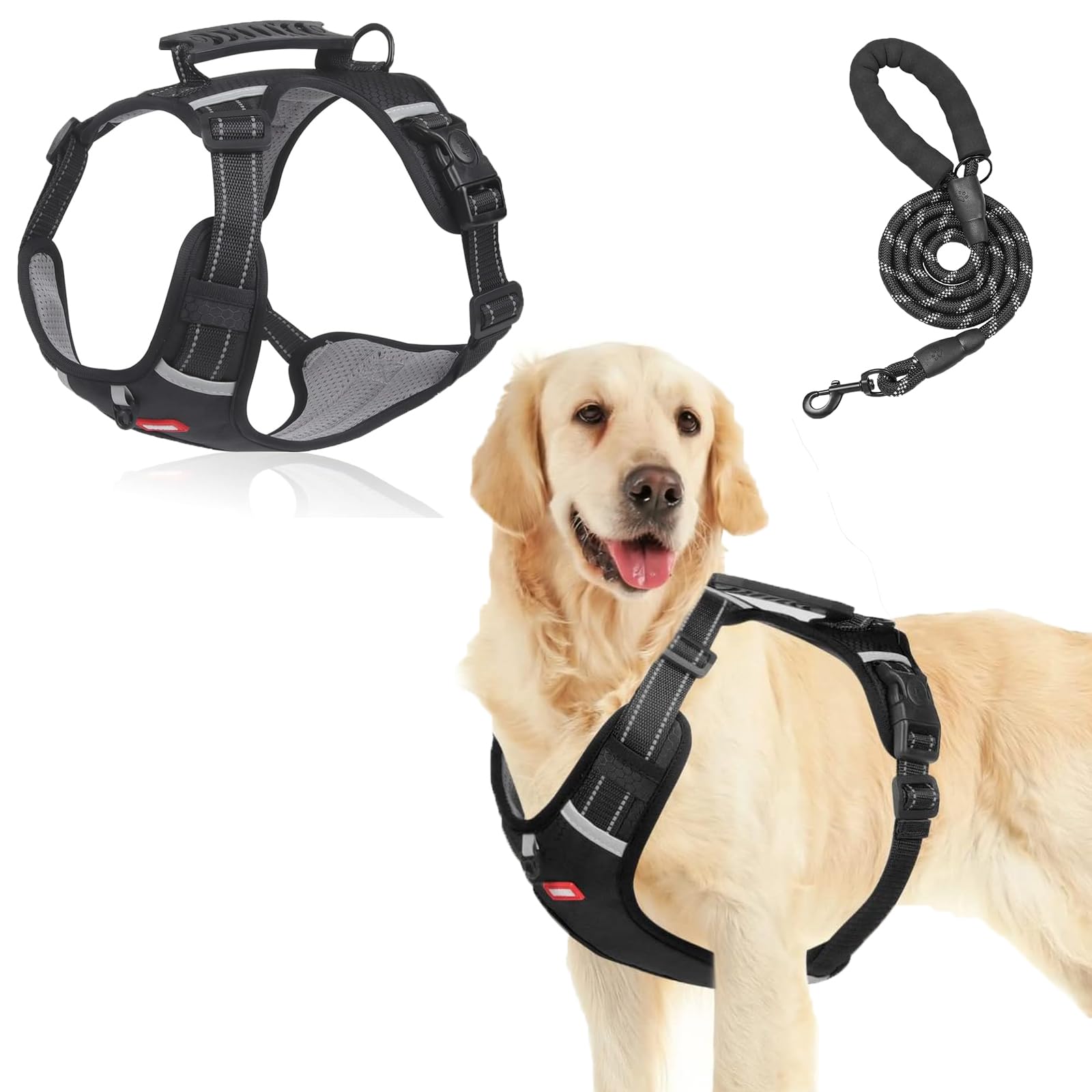 Dog Harness for Small/Medium/Big Sized Dog with 1 Dog Leash, No Pull Pet Harness with Soft Padded Handle, Adjustable Reflective Vest with 3 Buckles, Easy Walking Harness for Outdoor (Black, S)