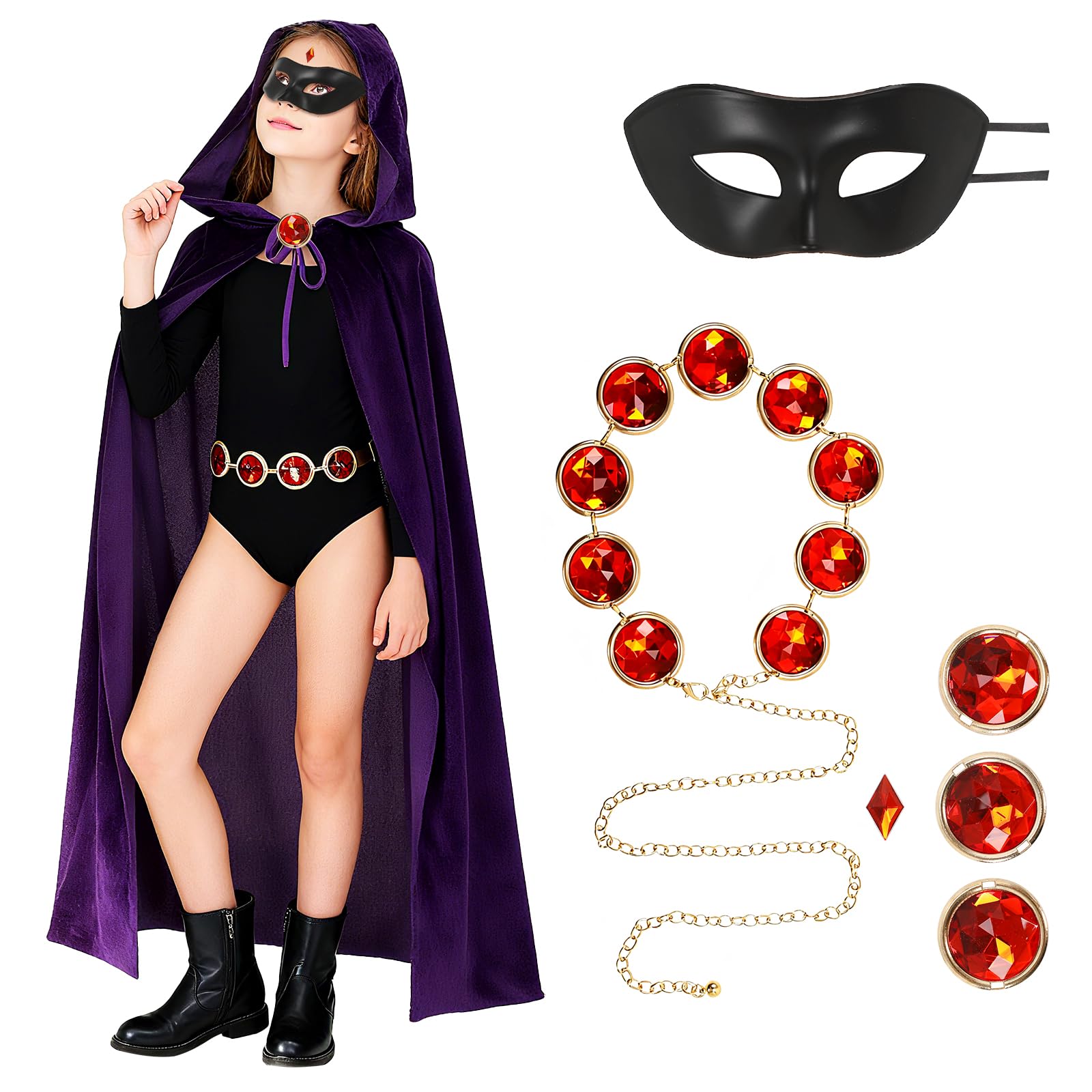 JoyFuncos 4PCS Raven Costume Kids Purple Cape Velvet Hooded Cloak Belt Red Gem Eye Mask for Anime Cosplay Halloween Outfits (90)