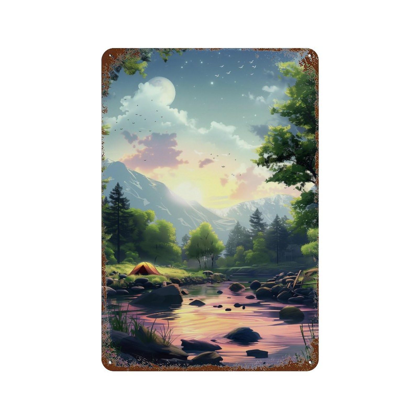 Rust Effect Campsite by The River at Sunset Retro Metal Sign 11.8"x7.9", Novelty Wall Decor for Bistro, Counter And Cafe Decor