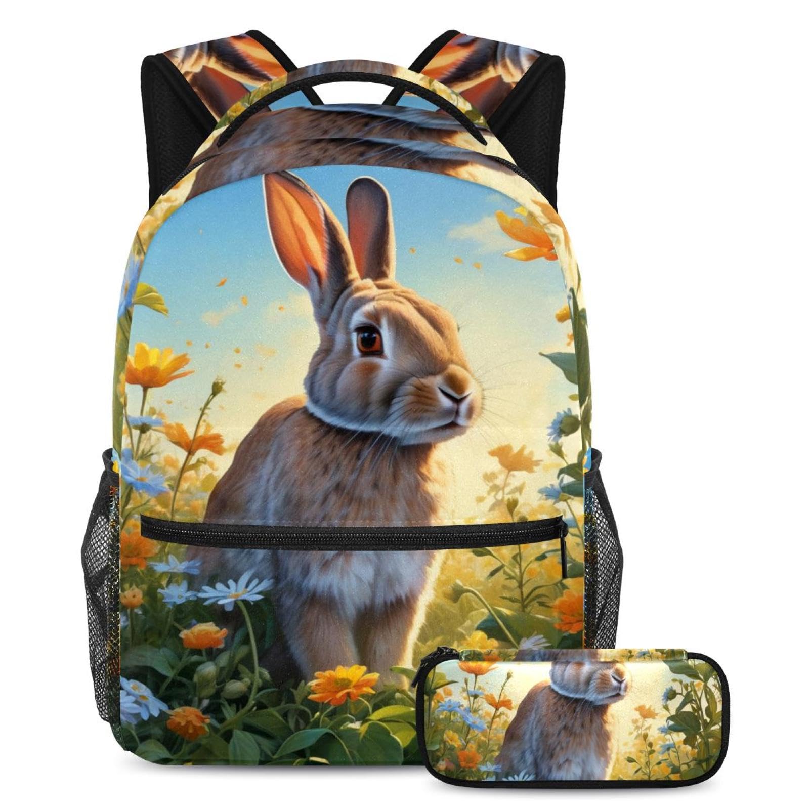 Ensemble de 2 sacs d'école avec lapin et fleur mignons au design multicolore unique