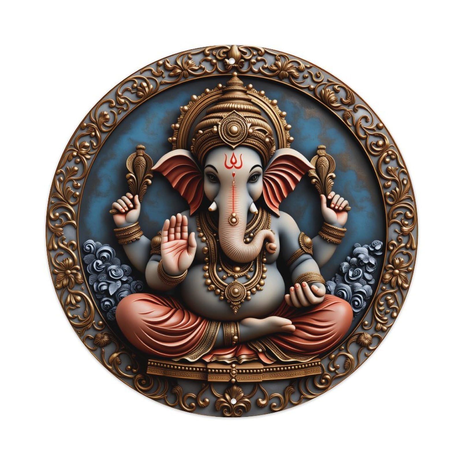 Ganesh Deity Ornate Blue Background Gold Details Round Vintage Tin Sign,Retro Wall Art,Metal Poster for Home, Bar, Garage, Cafe, Rustic Indoor & Outdoor Decor, 8x8 Inches