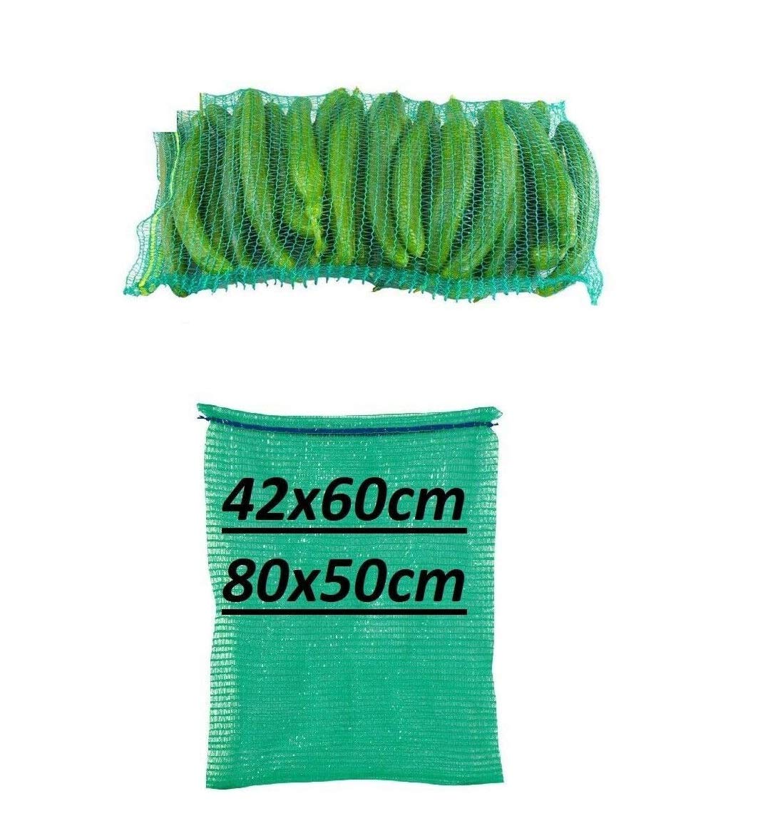 B2C Green Net Sacks Raschel Bags with Drawstring Mesh Vegetables Logs Kindling Wood (50, 60 X 42 CM - 15KG)