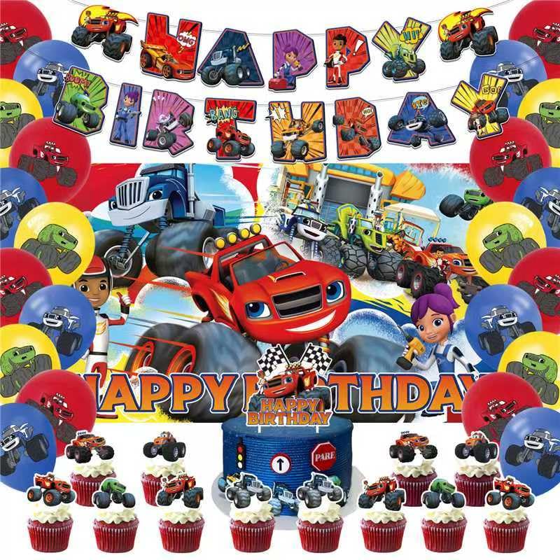 42pcs Blaze and the monster Birthday Party Supplies Pack IncludesBannerCake TopperBlackdrop Balloons for Blaze Party Supplies