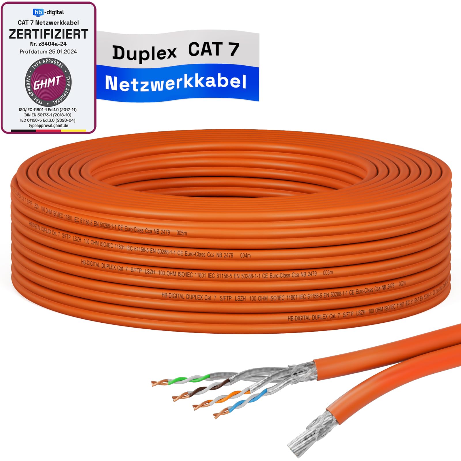 HB-DIGITAL Kabel sieciowy LAN 15 m CAT 7 kabel instalacyjny Ethernet 10 Gbit/s AWG23 S/FTP - certyfikat GHMT - czysta miedź LSZH BauPVO klasa Cca kabel danych Duplex - pomarańczowy