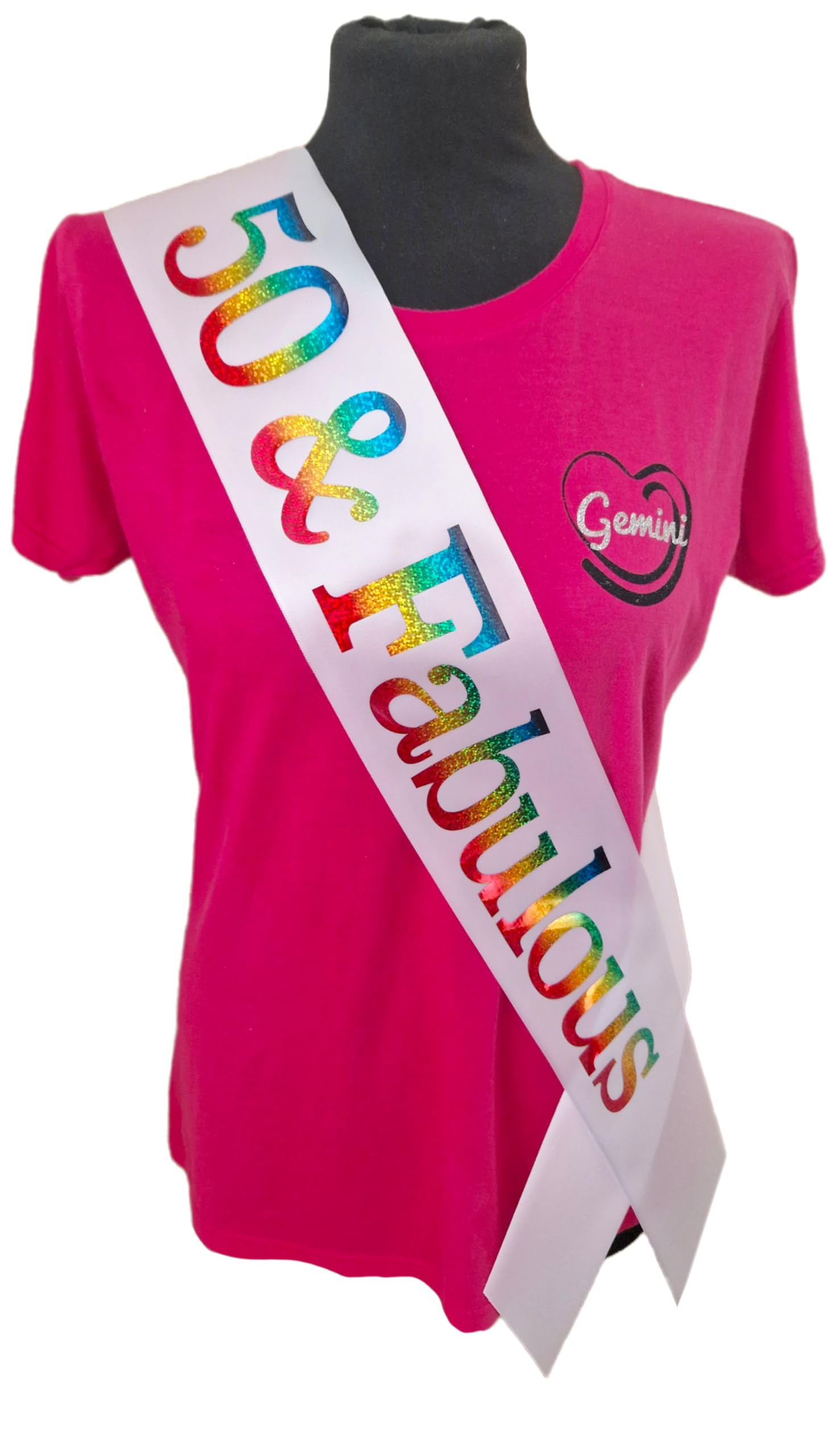 50th Birthday Sash - 50 & Fabulous Birthday Sash - Beautiful Quality White Ribbon and Holographic Rainbow Font