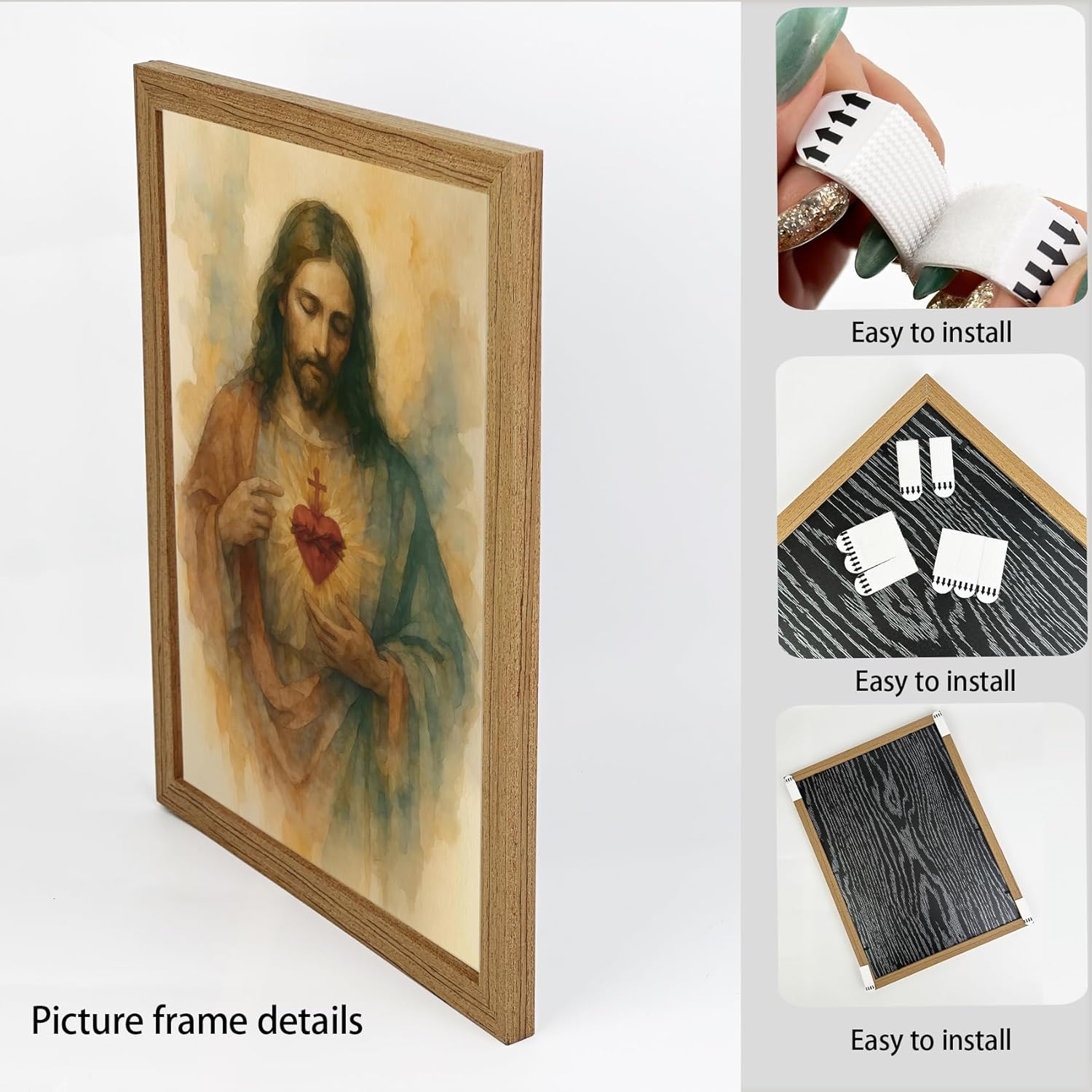 Wood Framed Sacred Heart of Jesus Canvas Wall Art Christian Jesus Prints Pictures Wall Decor Watercolor Catholic Poster Printing Artwork for Living Room Bedroom Prayer Room Church Wall Decoration