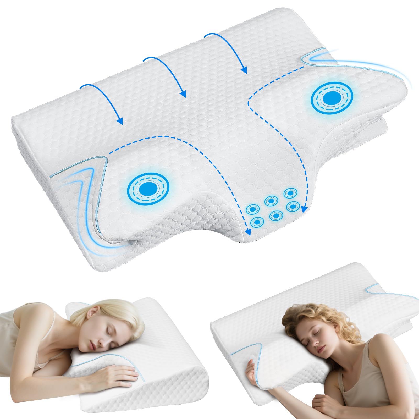 KIENG Cervical Memory Foam Pillow,Ergonomic Neck Pillow for Relieve Neck and Shoulder Pain,Orthopedic Support Pillow for Side/Supine/Prone Sleepers with Removable Pillowcase (White)